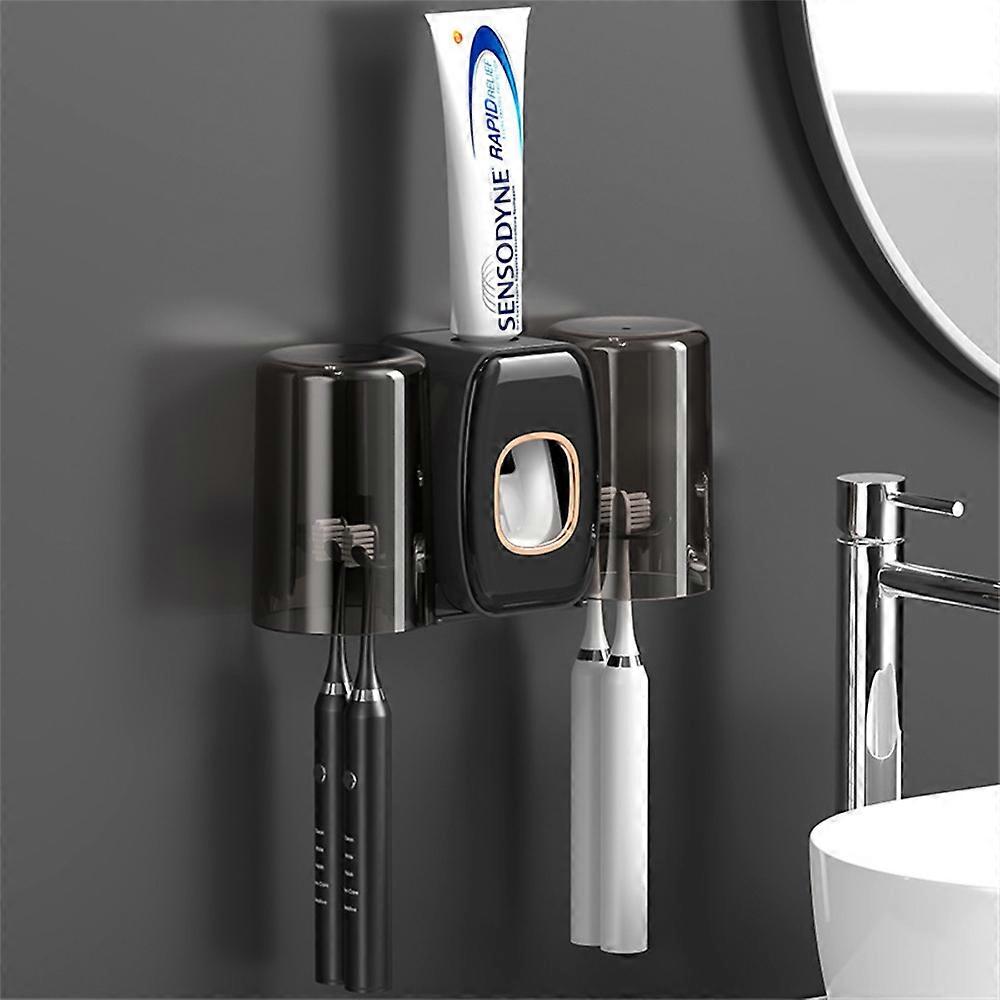 Wall Mounted Toothbrush Holder Cup Rack Toothpaste Dispenser No Drill Bathroom Storage Shelf