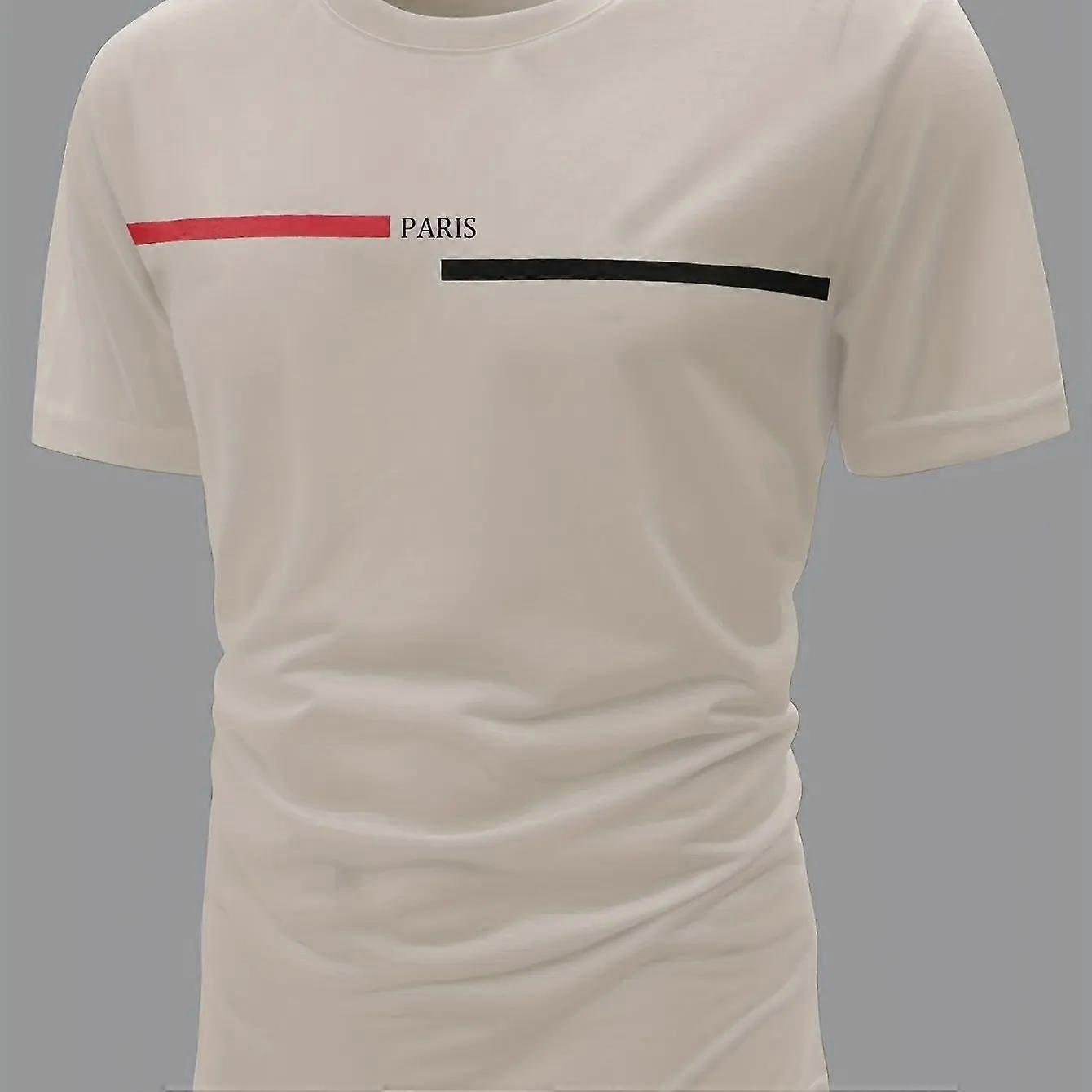 Męska koszulka z krótkim rękawem ze 100% czystej bawełny na lato luźna, wygodna, swobodna i modna koszulka z nadrukiem PARIS z dużym okrągłym dekoltem i krótkim rękawem