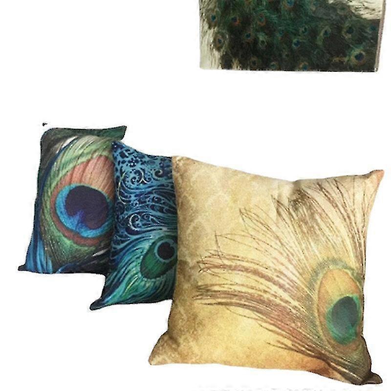 Linen Cushion Cover - Throw Pillow Case with Peacock Feather Design for Home Sofa Decoration Suitable for Various Sofas