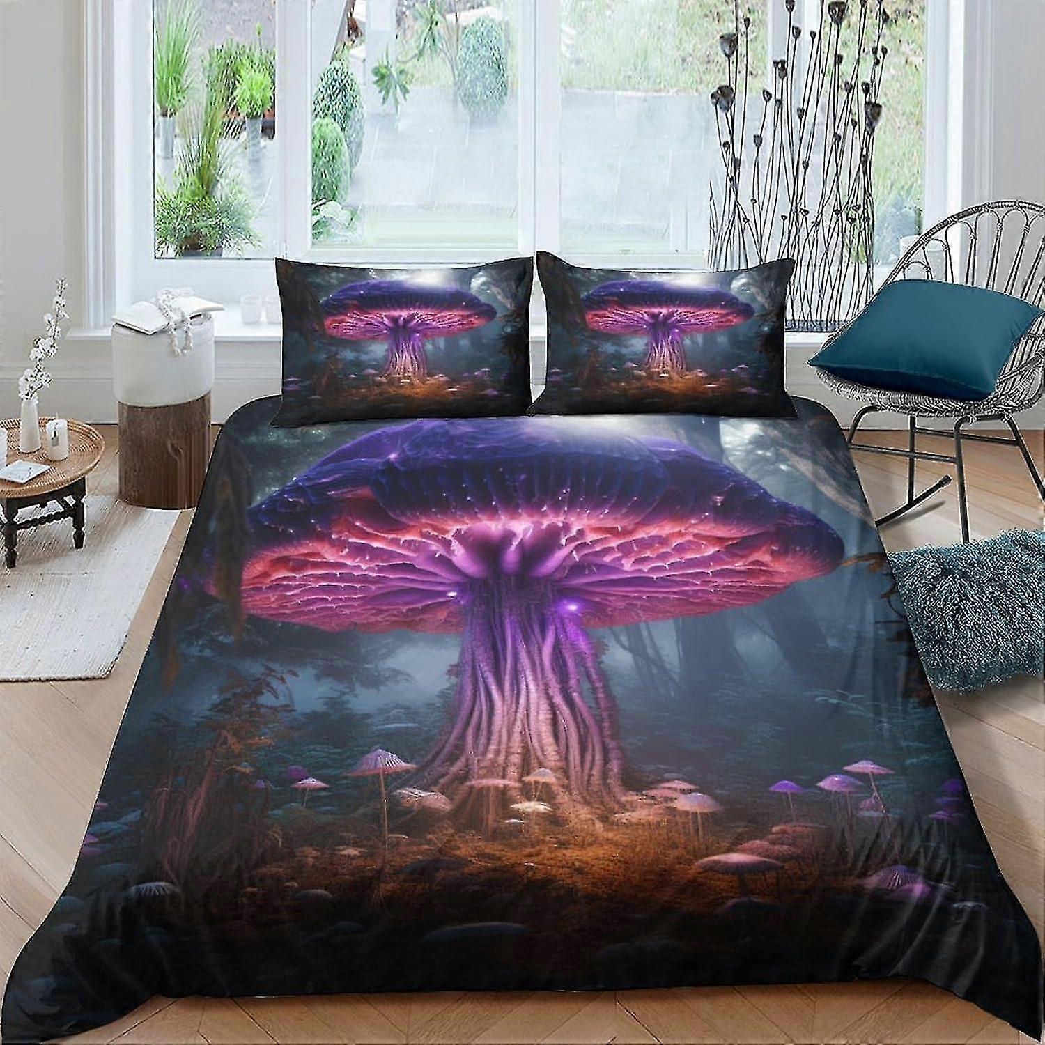 Soft Microfiber Duvet Cover Set with 3D Fantasy Mushrooms Design, Includes Pillow Cases and Zipper Closure