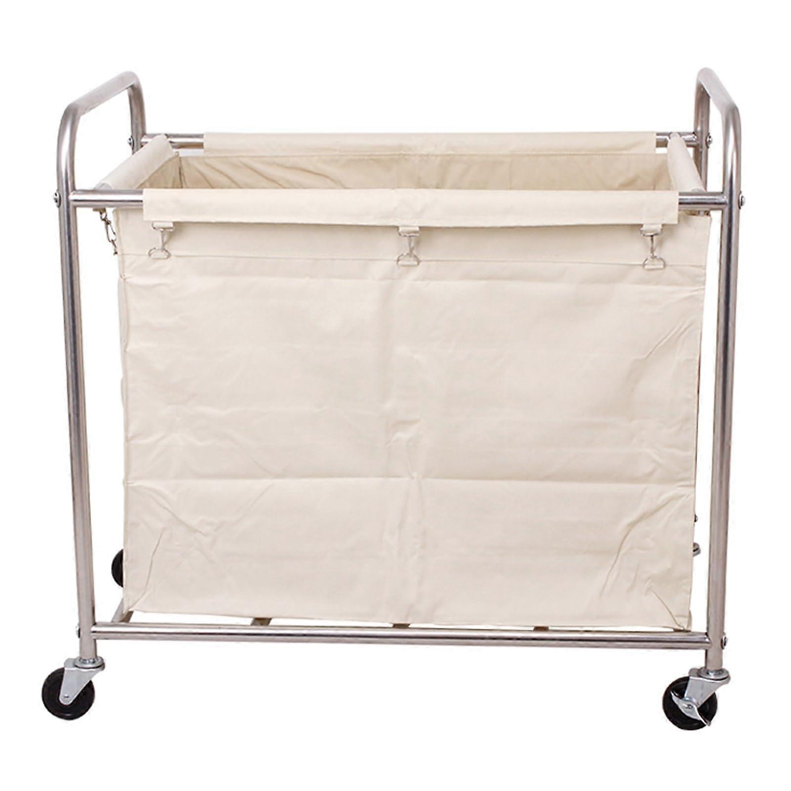 Cleaning Trolley, Thick Stainless Steel Material, Laundry Trolley with Wheels and Removable Oxford Fabric Bag, for Business, School, Office (Beige)