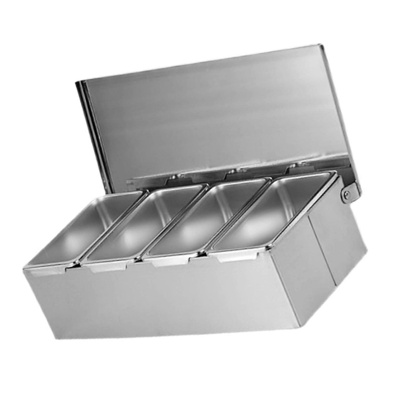 Stainless steel spice box with 4 compartments, keeps the kitchen organized, versatile for all spices, spice box trays.