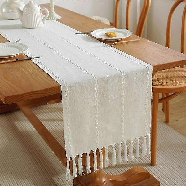 Striped solid color cotton linen tablecloth, handmade tassel coffee table mat.