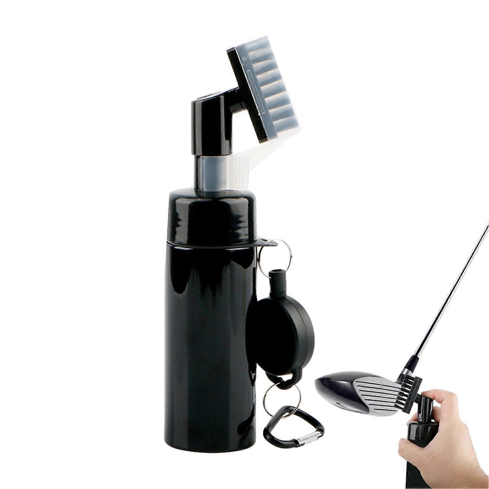 Golf club cleaning brush with retractable cord, portable for fields, black