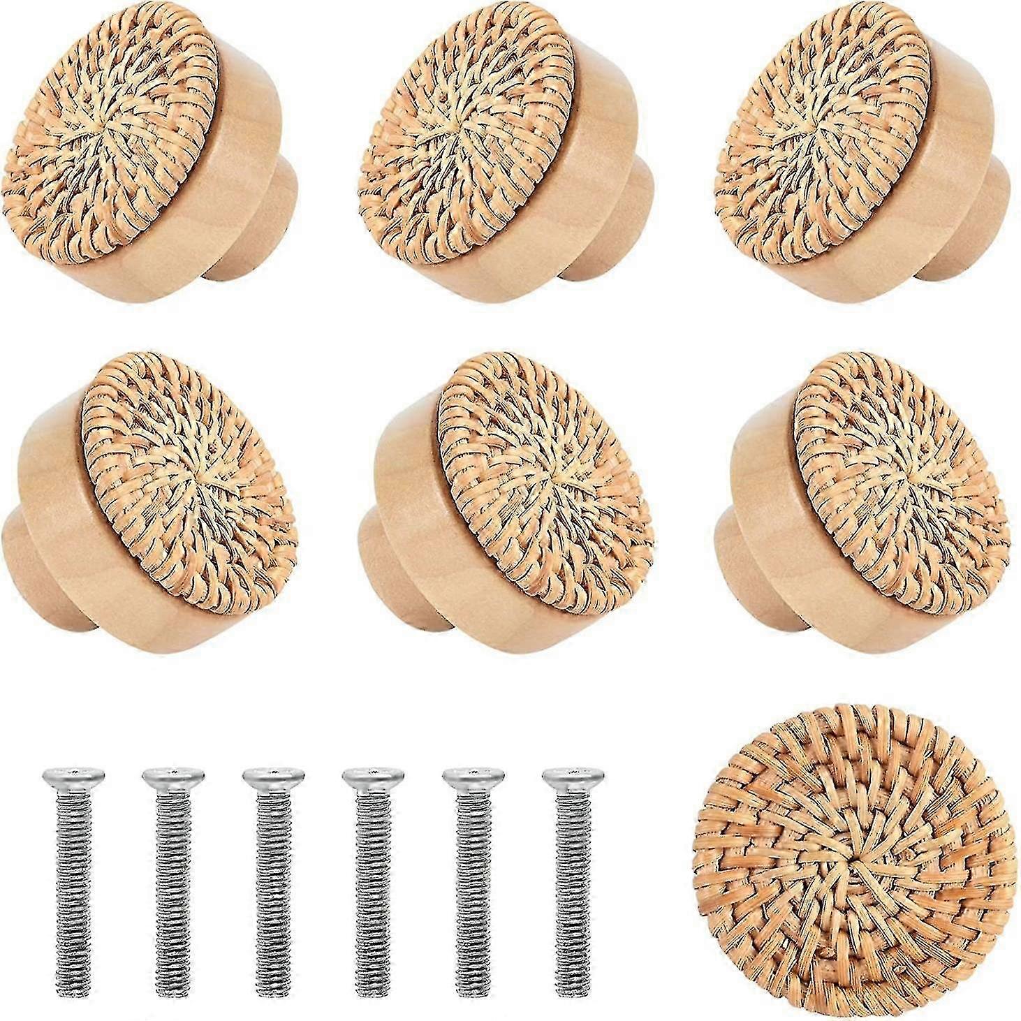 2025 8pcs Rattan Rattan Chip Woven Round Pie Wooden Handle Handle Cabinet Door, Diameter 40mm