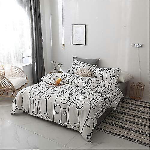 Abstract Duvet Cover Set Queen, 100% Cotton Bedding, Black Stripe Geometric Face Pattern Printed on White Reversible, 1 Comforter Cover Full and 2 Pil