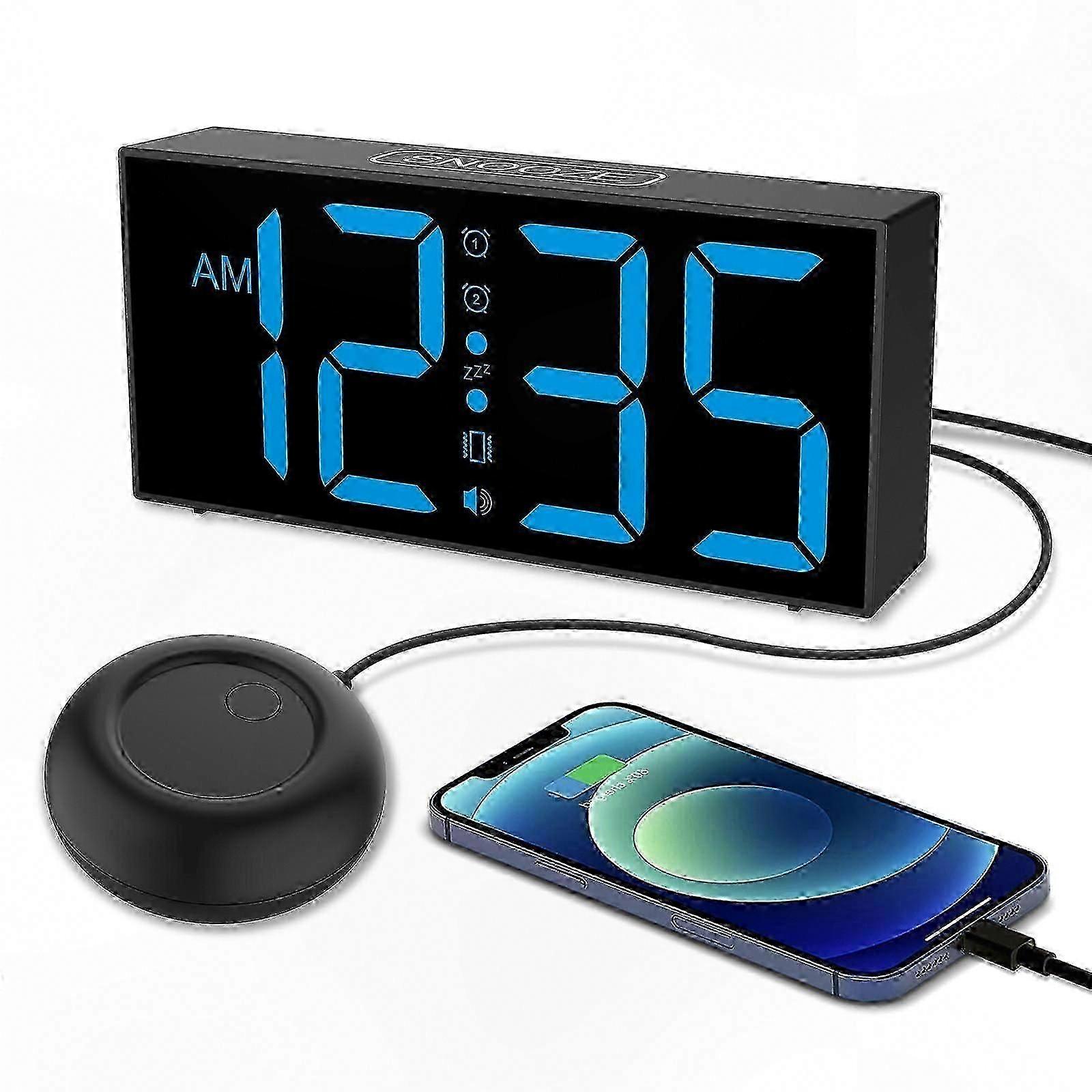 Wake-Up Alarm Clock with Vibration and Loud Sound, Extra Large Display, Adjustable Brightness for Deep Sleepers (Black & Blue)