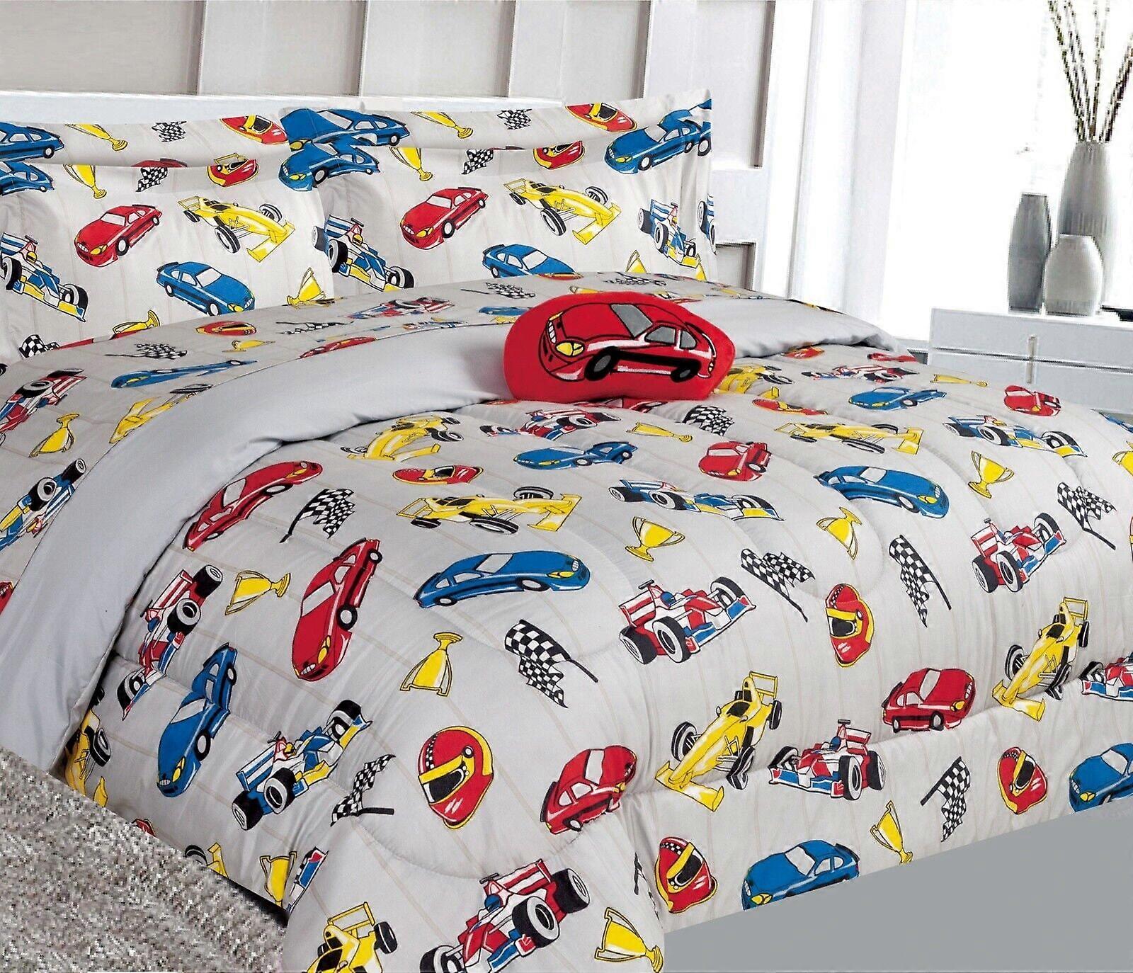 Full Size Bed in Bag 8pc Race Car Red Comforter Set with Plush Toy & Sheet Set for Kids Bedroom Decor - Compatible with Twin Beds