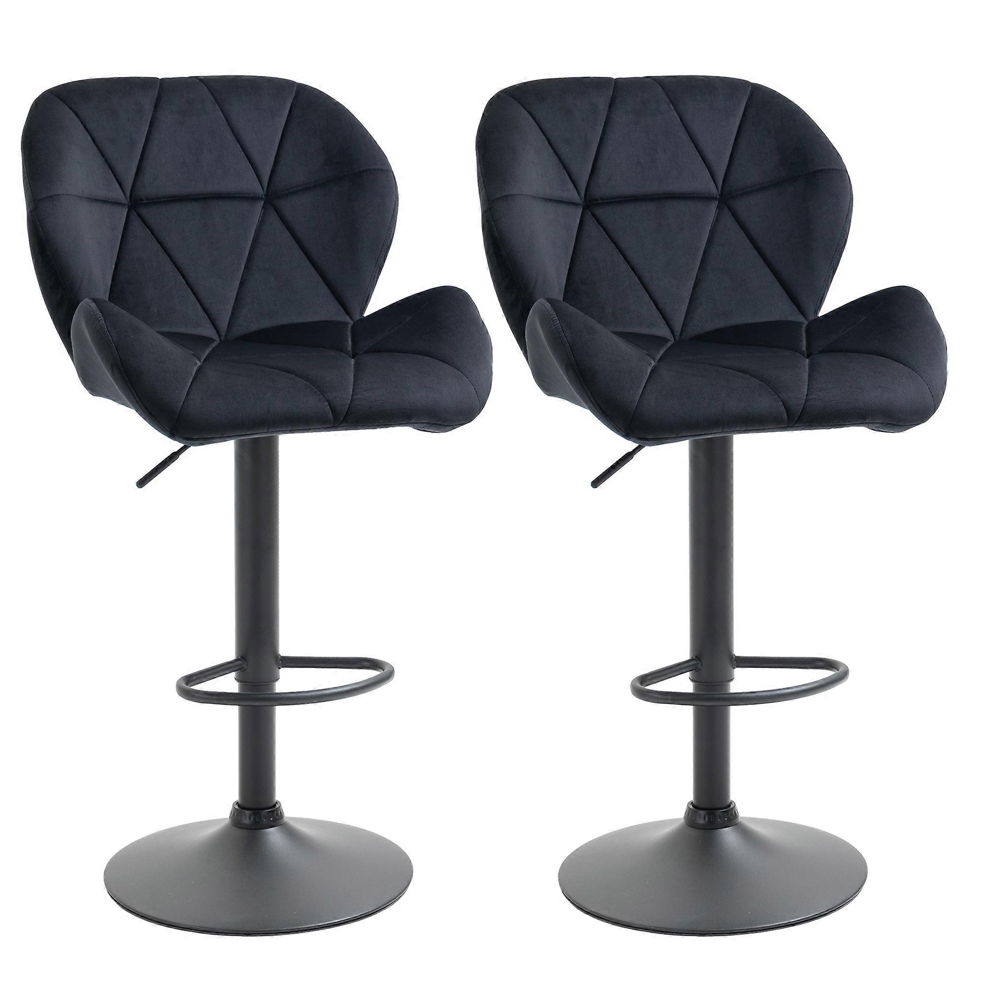 2Pc Black HOMCOM Swivel Bar Stools Backrest Adjustable Velvet Touch
