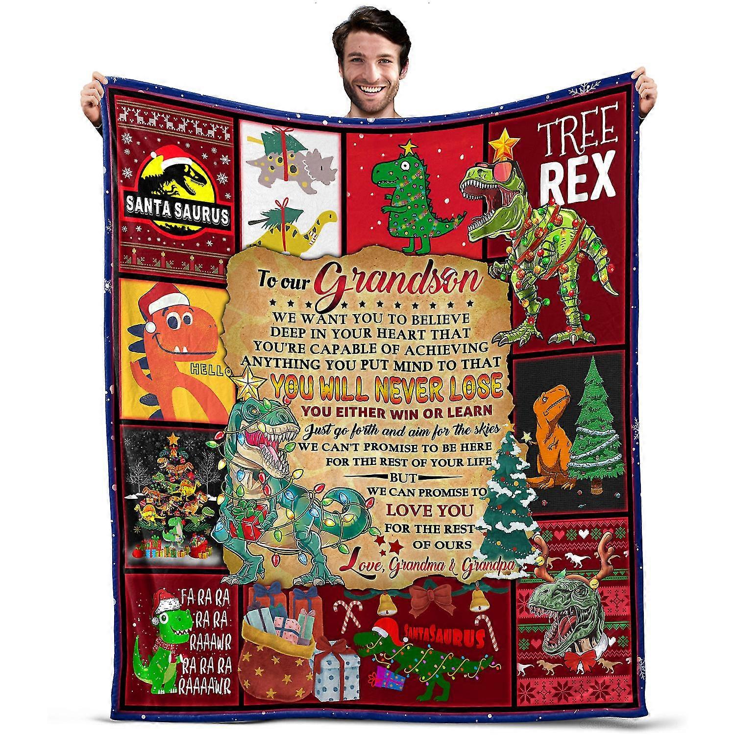 Oasisdream Lightweight and Smooth Blanket for Grandson with Dinosaurs and Christmas Trees Print 25-26