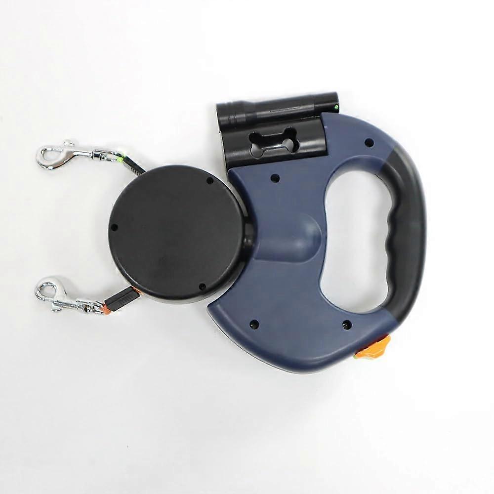 2in1 Retractable Dual Dog Leash With LED Flashlight Reflective Nylon AntiTangle Design Blue