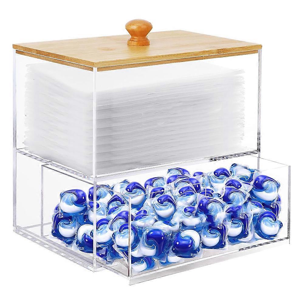 Acrylic Dryer Sheet Holder with Drawer and Bamboo Lid, Clear Acrylic Large-Capacity Laundry Pods Container