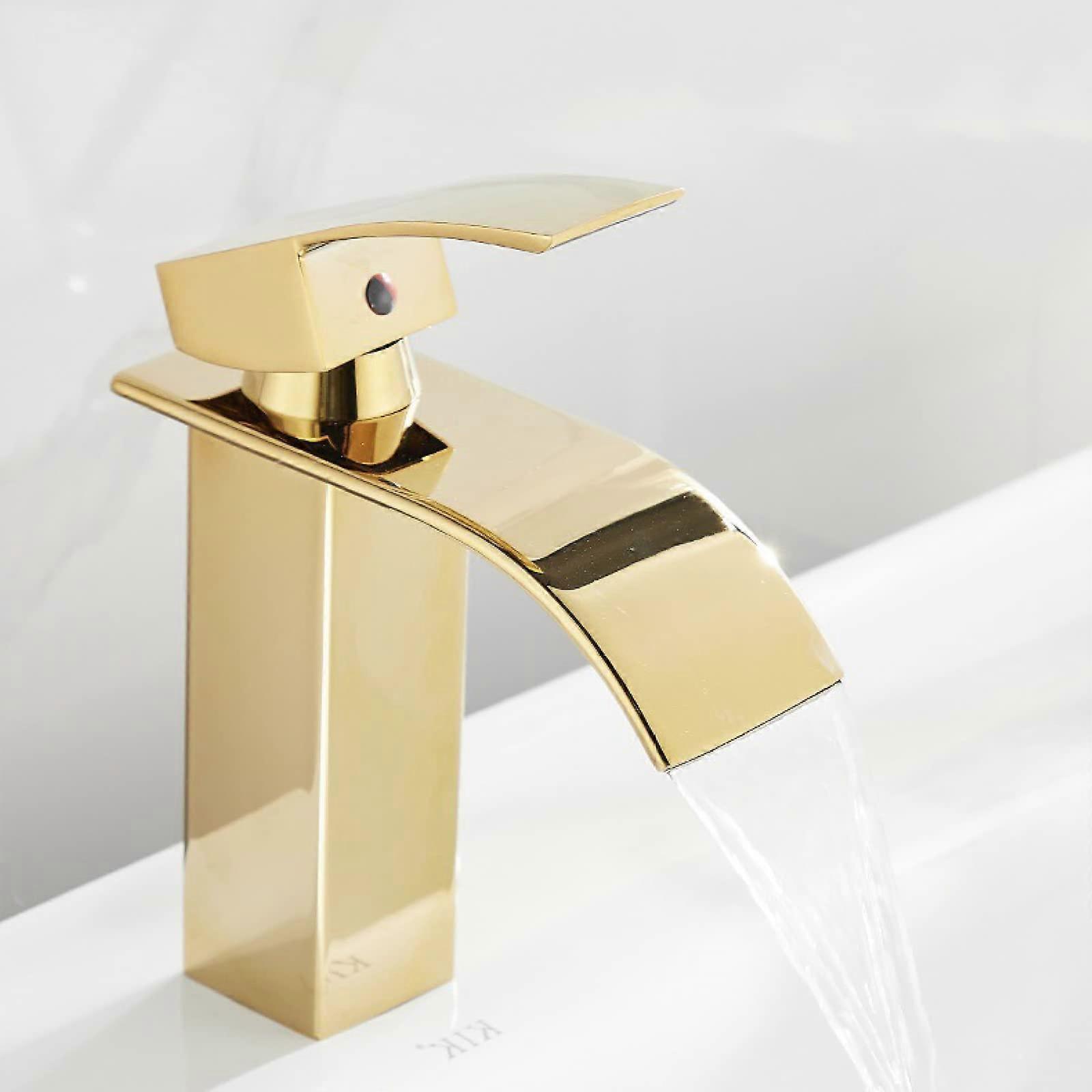 Basin Mixer Tap Waterfall Gold, Stainless Steel Basin Faucet, Hot And Cold, Single Handle, Single Hole, Short