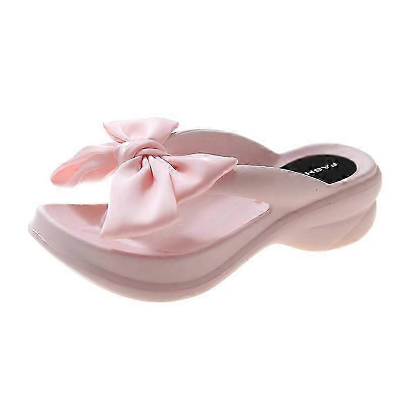 Chinelos de cunha com laço grande rosa para mulheres no verão