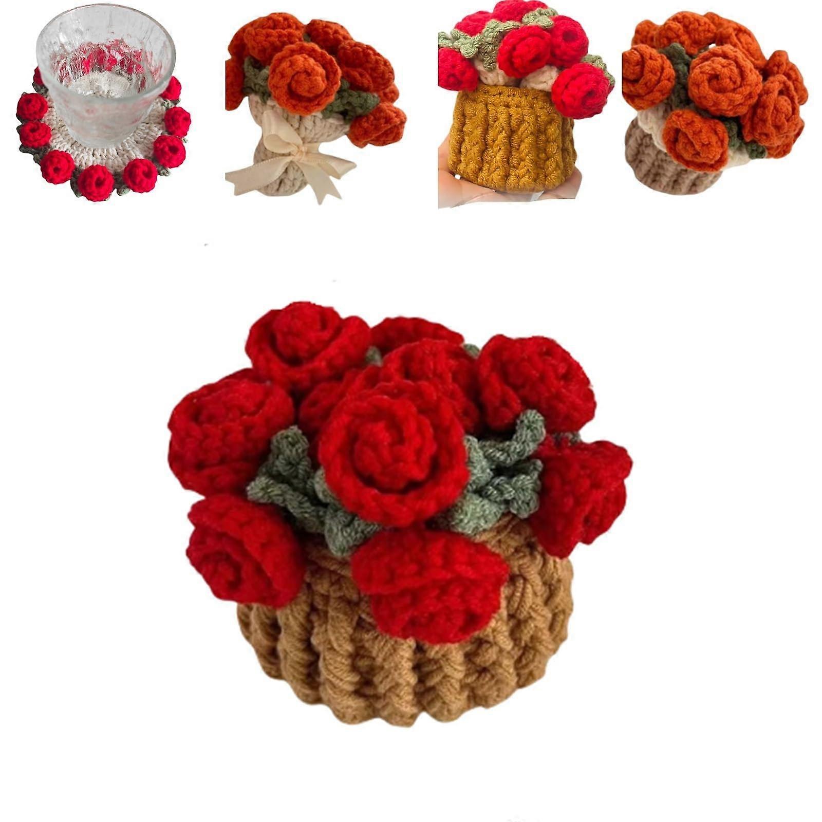 Crochet Coasters Handmade Crochet Flower Design Decorative Rose Set Protects Table Surface Red 2pcs