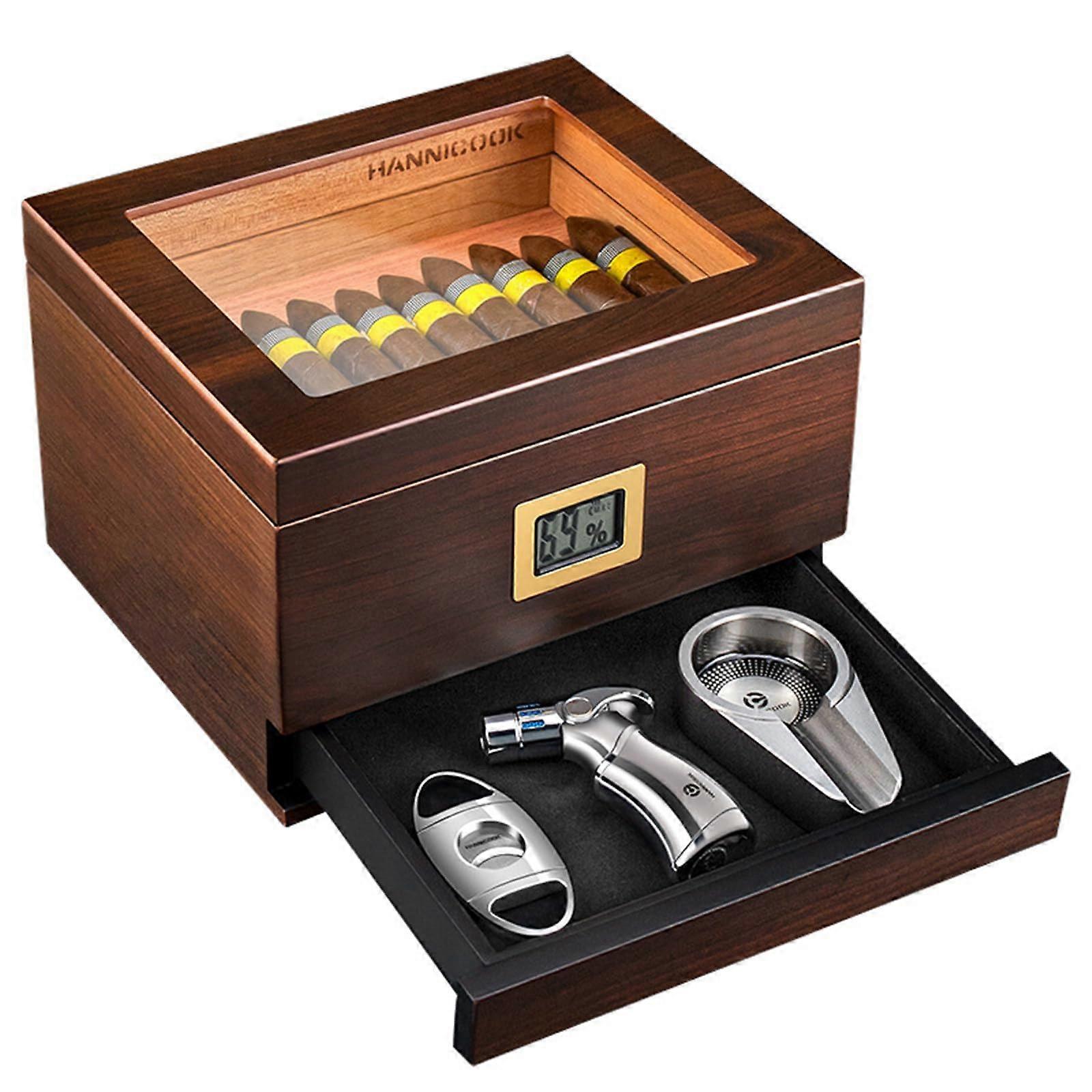 Cigar Humidor Cedar Wood Box with Glass  Display Hygrometer Drawer Holds 3040 Cigars