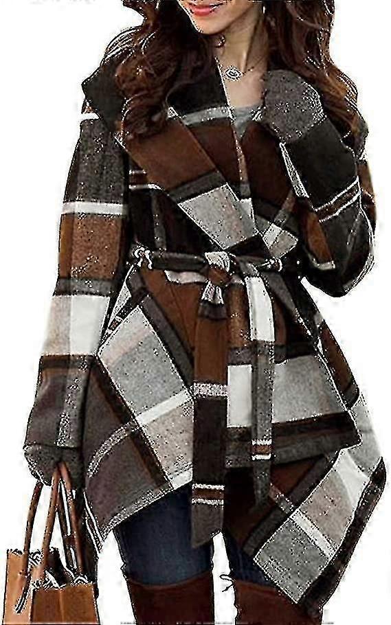 Women's Turn Down Shawl Collar Earth Tone Check Coat