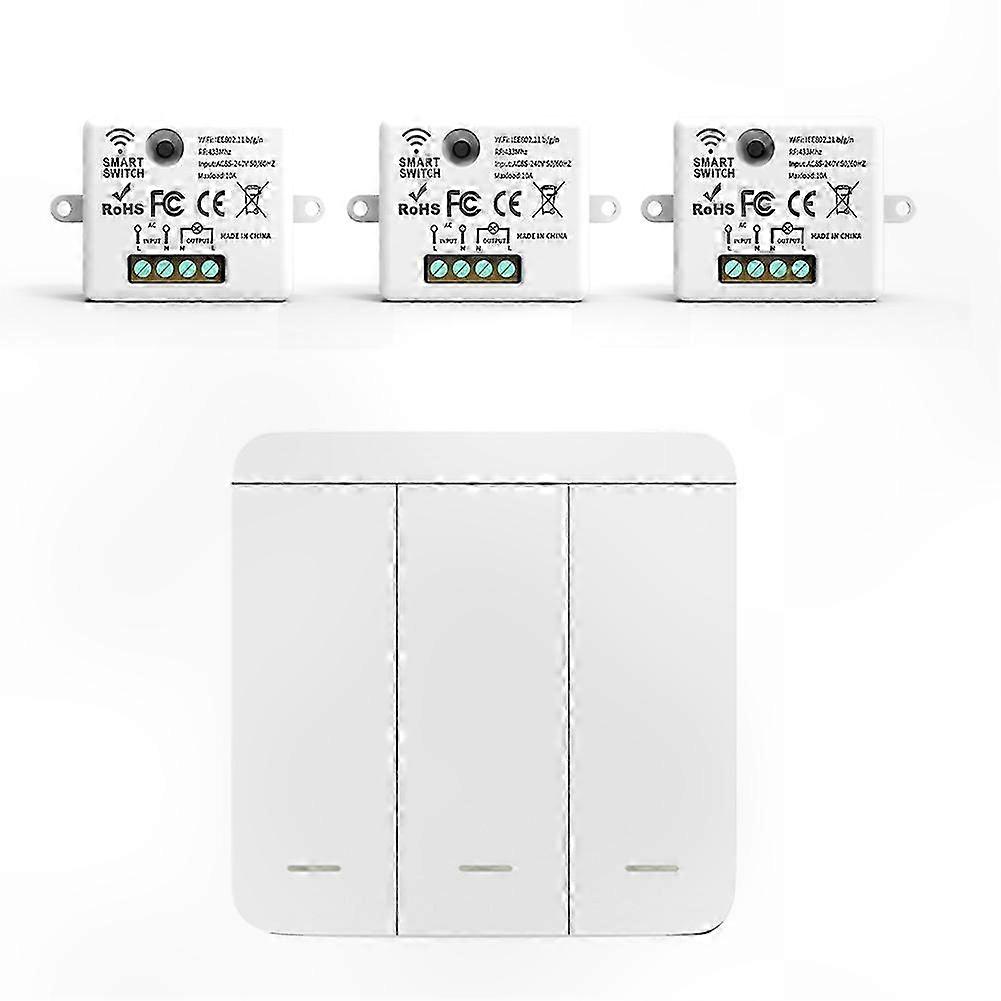 3-Pack Wireless Light Switch, RF 433MHz Relay Receiver with 1x 3-Gang Panel and LED Remote Control
