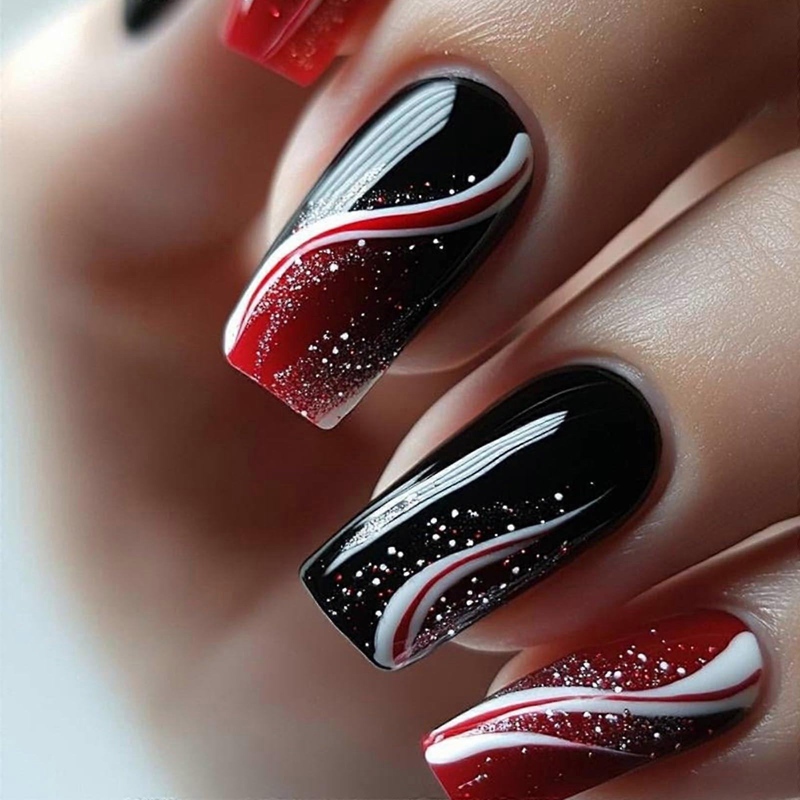 Glossy Silver Glitter Red Curve Press On Nails 24Pcs Medium Square Black Gradient Acrylic False Nails