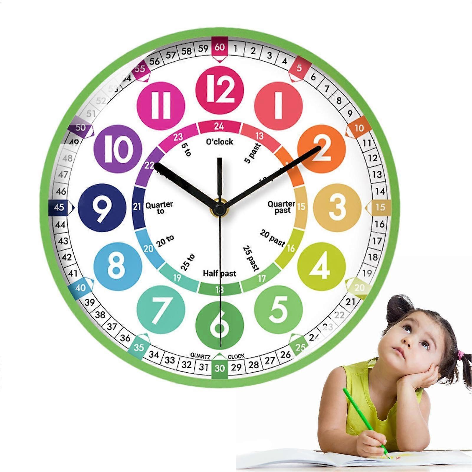 Kids Learning Clock ColorCoded Silent Wall Clock for Children 10 Inch Analog Green