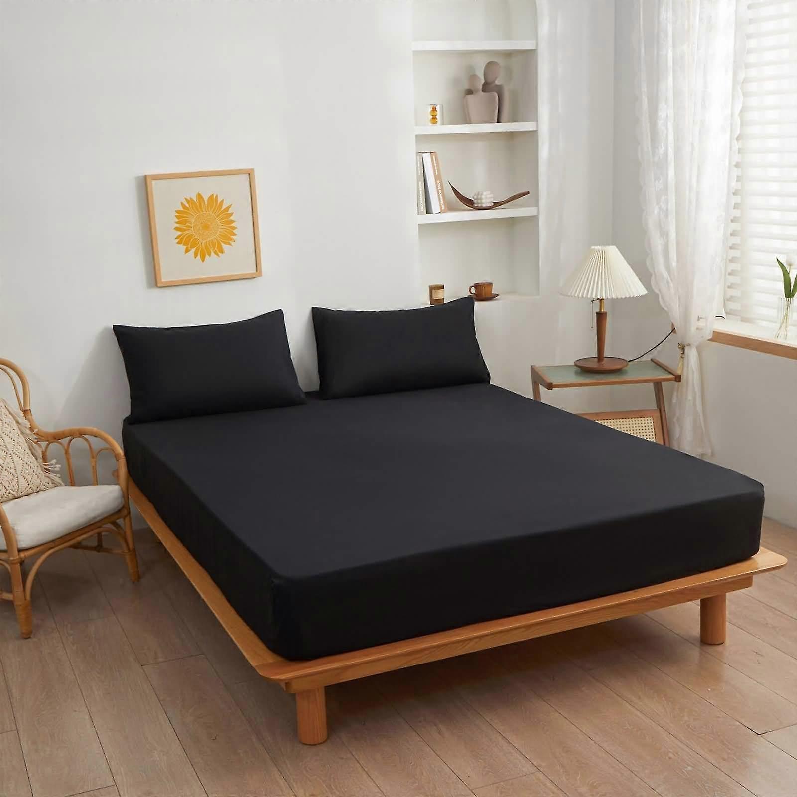 Super King Black Fitted Sheet Set with Pillowcases Breathable Polyester Deep Pocket Elastic Fit