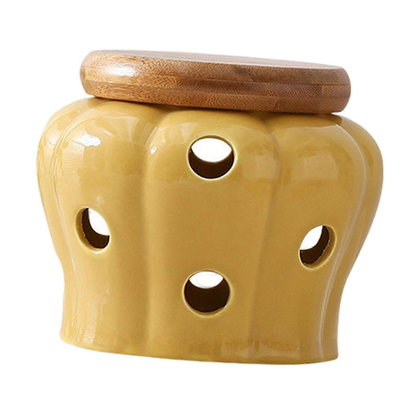 Garlic Keeper Ceramic Container with Bamboo Lid, Vent Holes, Large Opening, Yellow Kitchen Storage