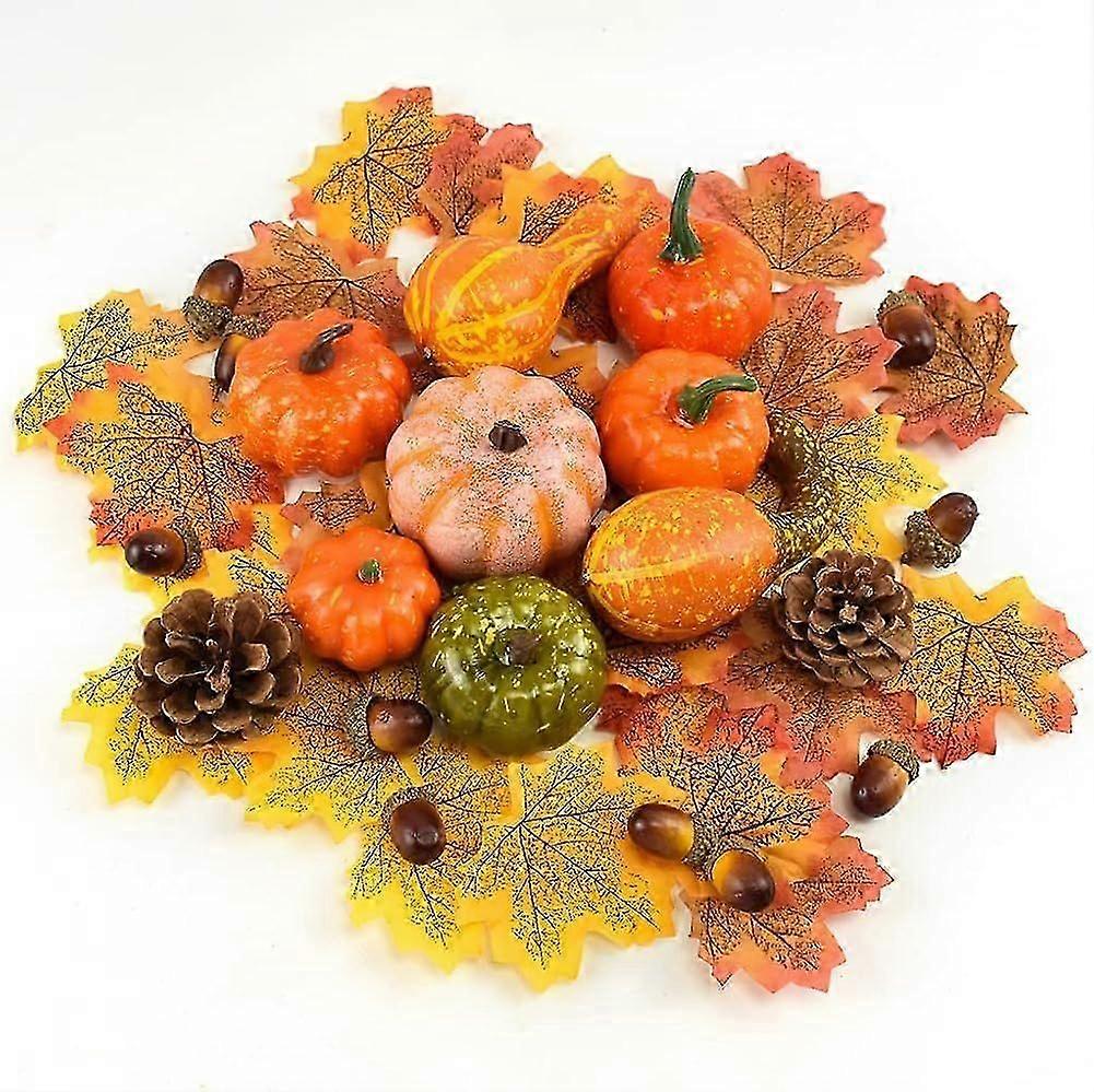Thanksgiving Pumpkins Decorating Artificial set - with Maple Leaves, Small