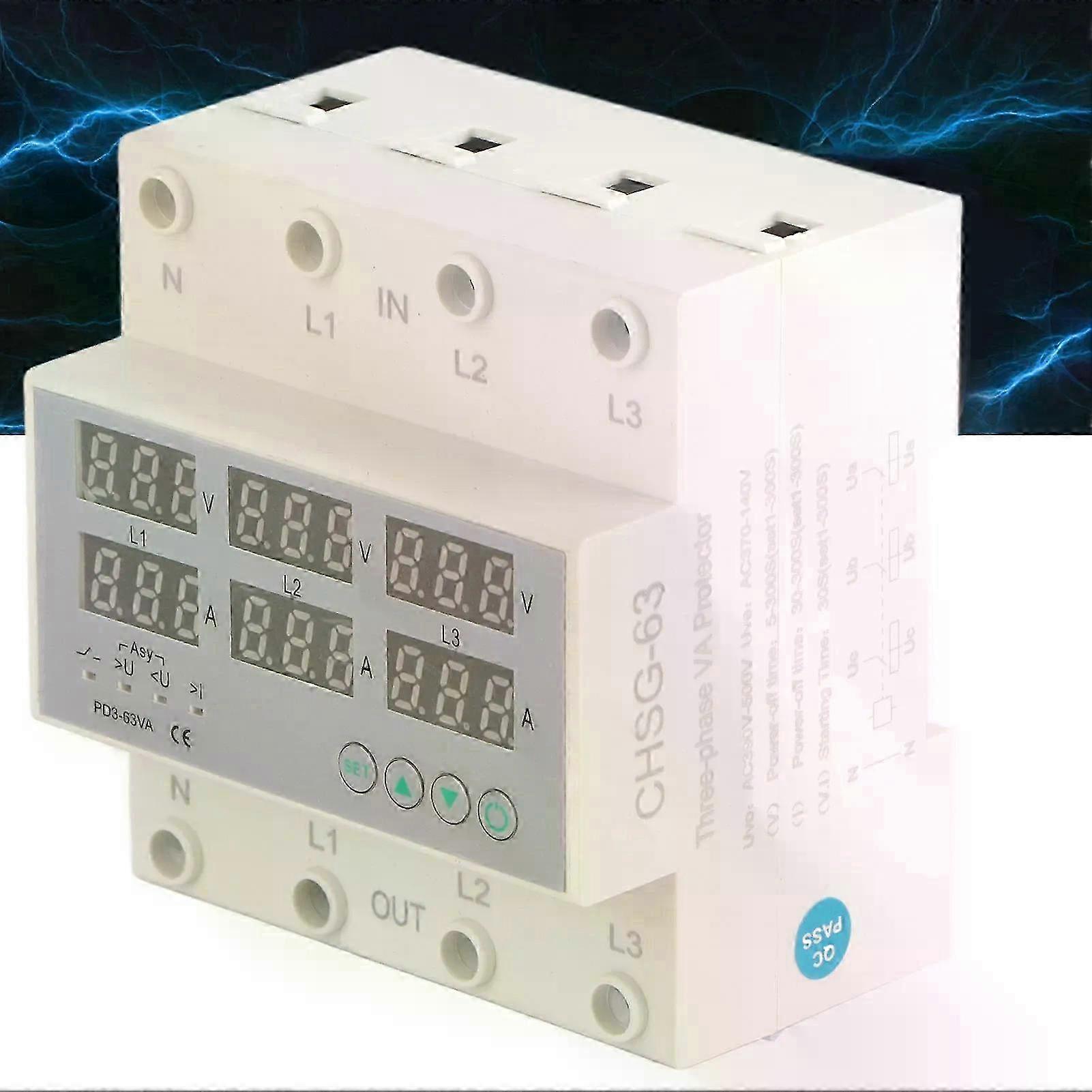 3 Phase DIN Rail Voltmeter Ammeter Automatic Overvoltage Overcurrent Protector AC 390500V
