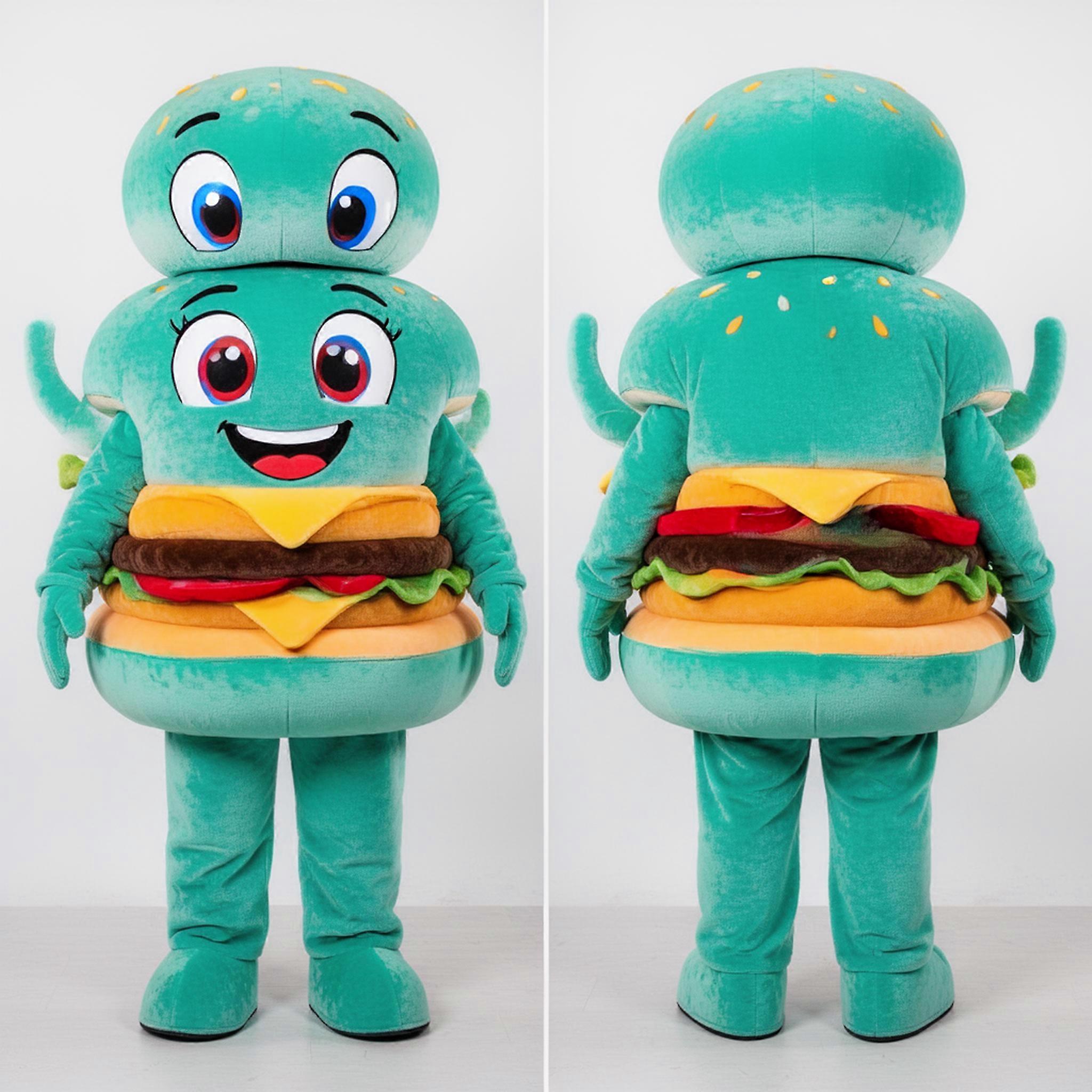 MASTICOT Teal Plush Smiling Burgers Mascot
