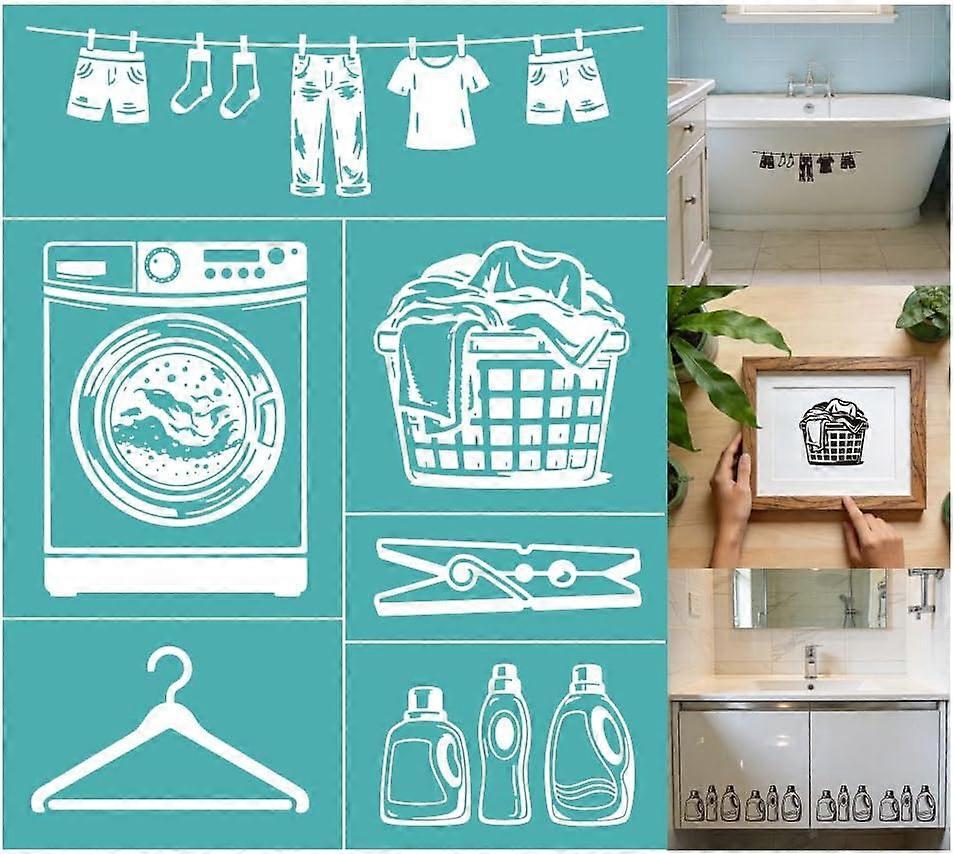 2 Sheets Laundry Theme Silk Screen Stencil, Wash Clothes Pattern Self-Adhesive Silk Screen Printing Stencils Reusable Mesh Stencil