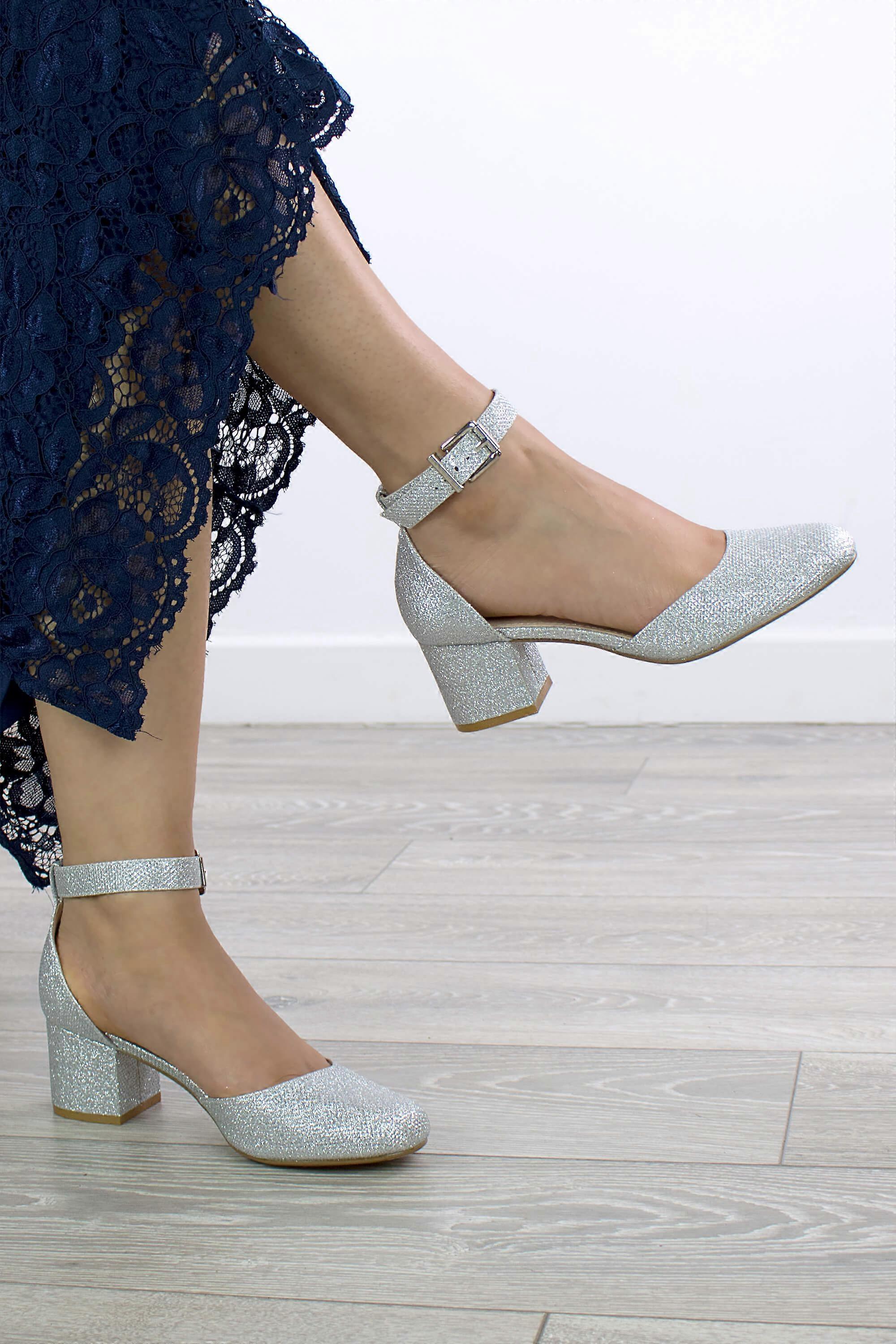 Mid Block Heel Ankle Strap Glitter 2 Part Heels