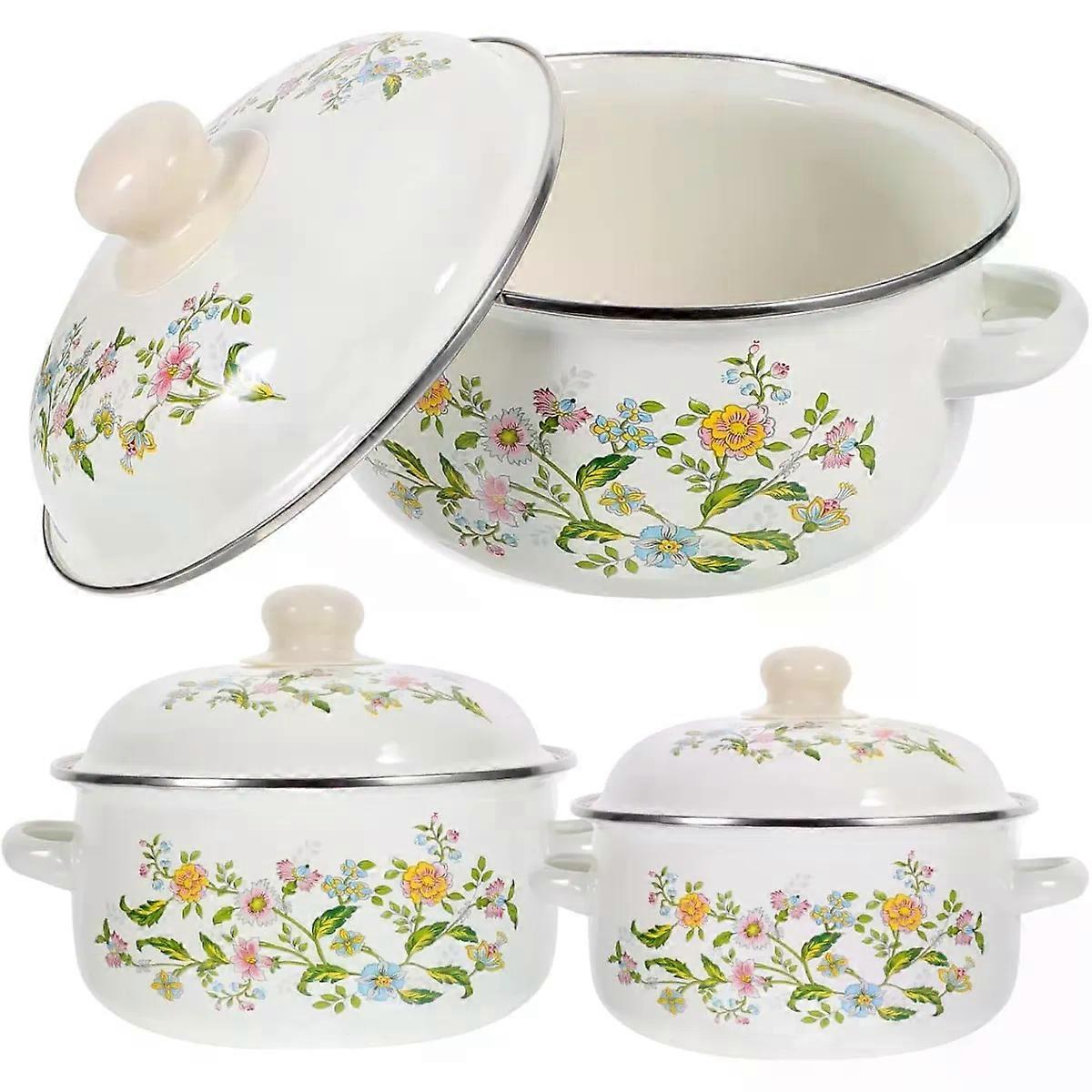 3 Piece Small Enamel Soup Pot Set with Lids, Flat Base