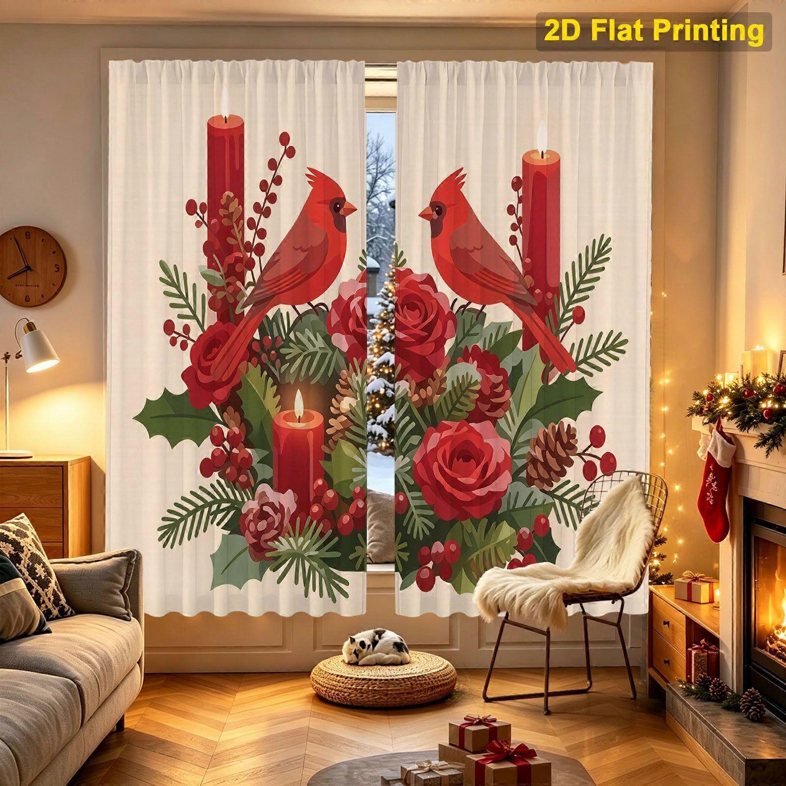 Curtain Featuring red birds and pine branches Artwork