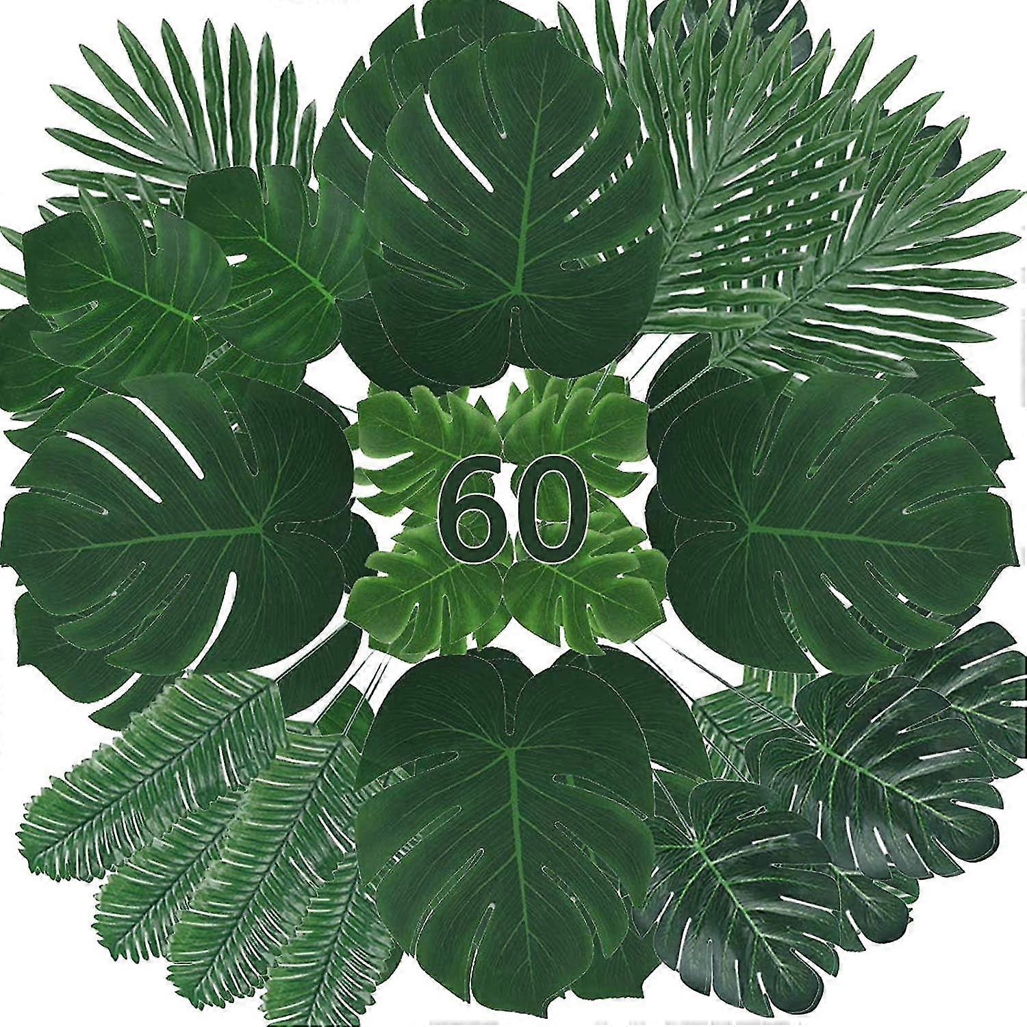 Set Of 60 Artificial Tropical Palm Leaves, Monstera Leaves With Stems