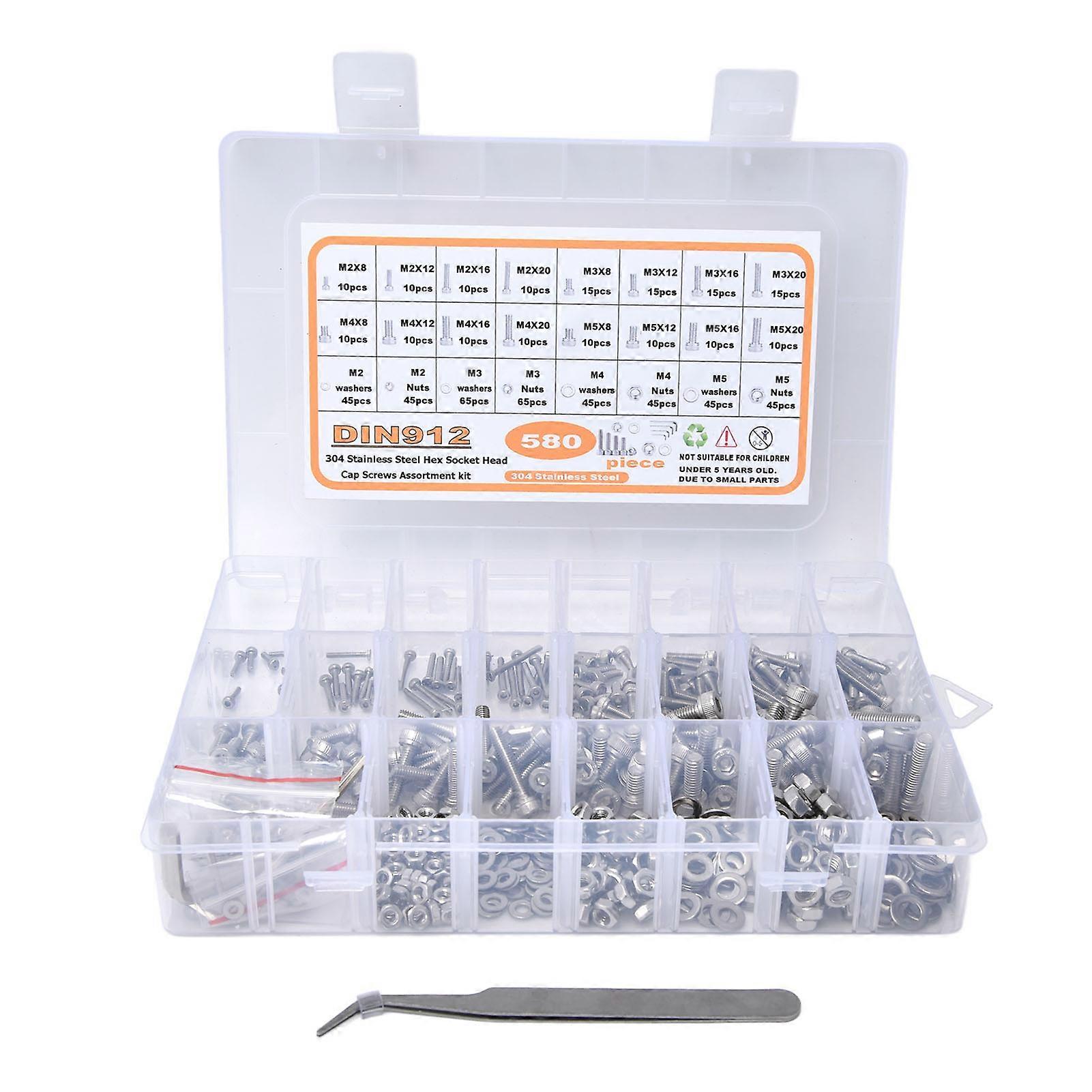 580Pcs Screws Nuts Washers Kit 304 Stainless Steel Cylindrical Head Hex Socket Screws for Home