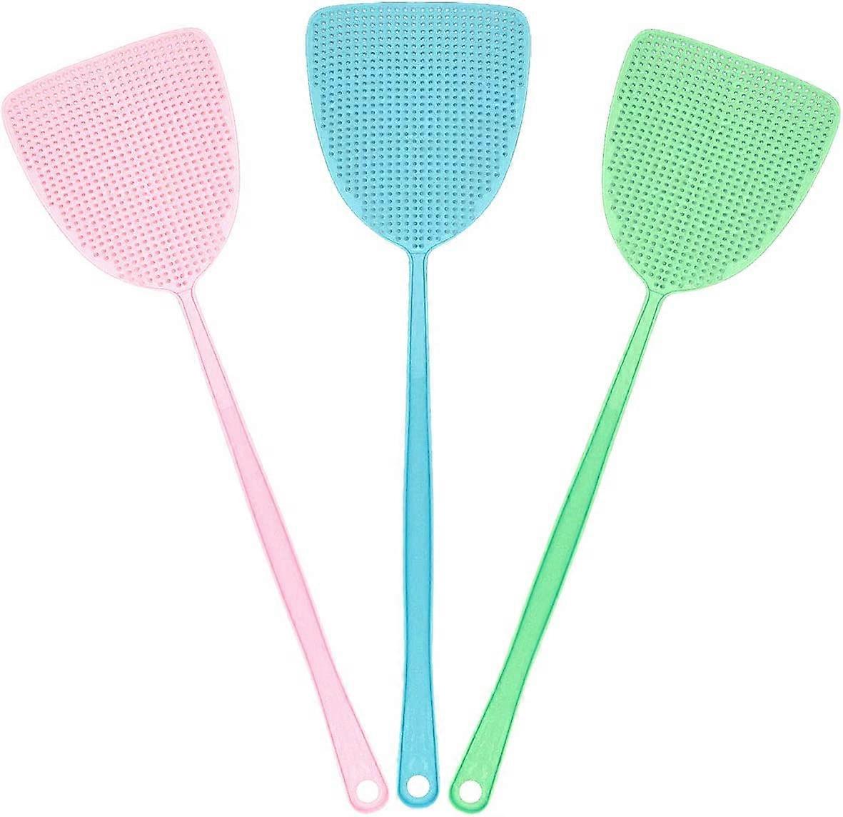 Set of 3 plastic fly swatters - Green, pink and blue