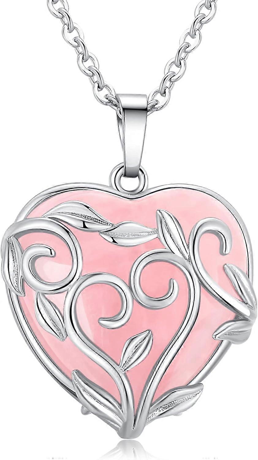 Collana con ciondolo a forma di cuore in pietra di cristallo curativo al quarzo rosa, fiore e foglia