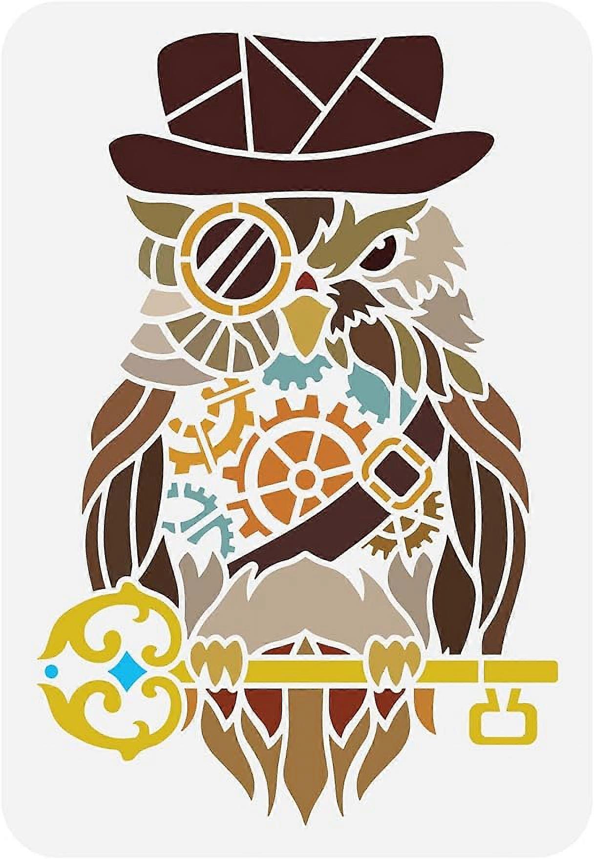1pc Steampunk Owl Stencil Owl with Key Hat Glass Hollow Out Stencil Reusable Painting Stencil for DIY Handwork Project 8.3x11.7inch