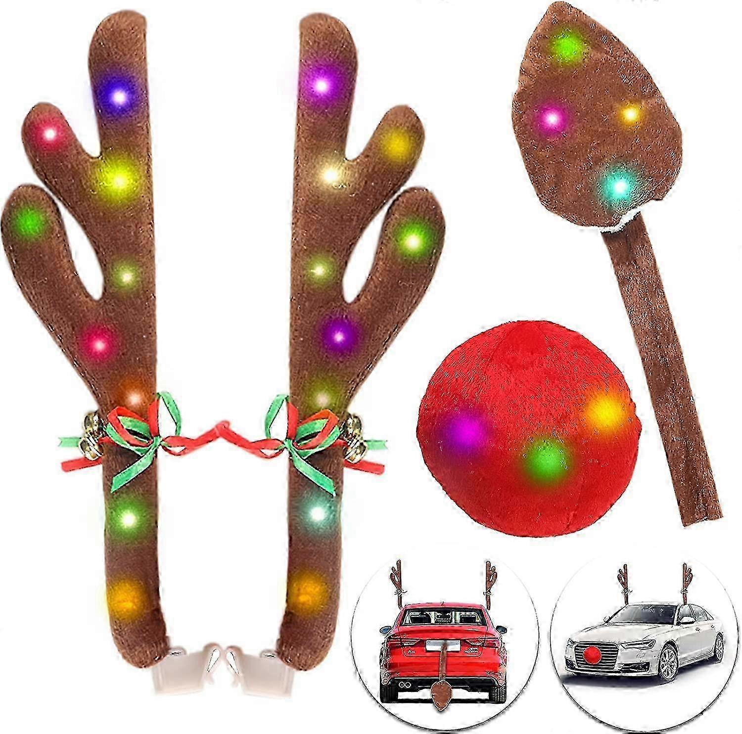 Car Reindeer Antlers Kit with LED Lights, Christmas Reindeer Antlers, Nose and Tail Car Decoration Kit for Car Window Roof-Top