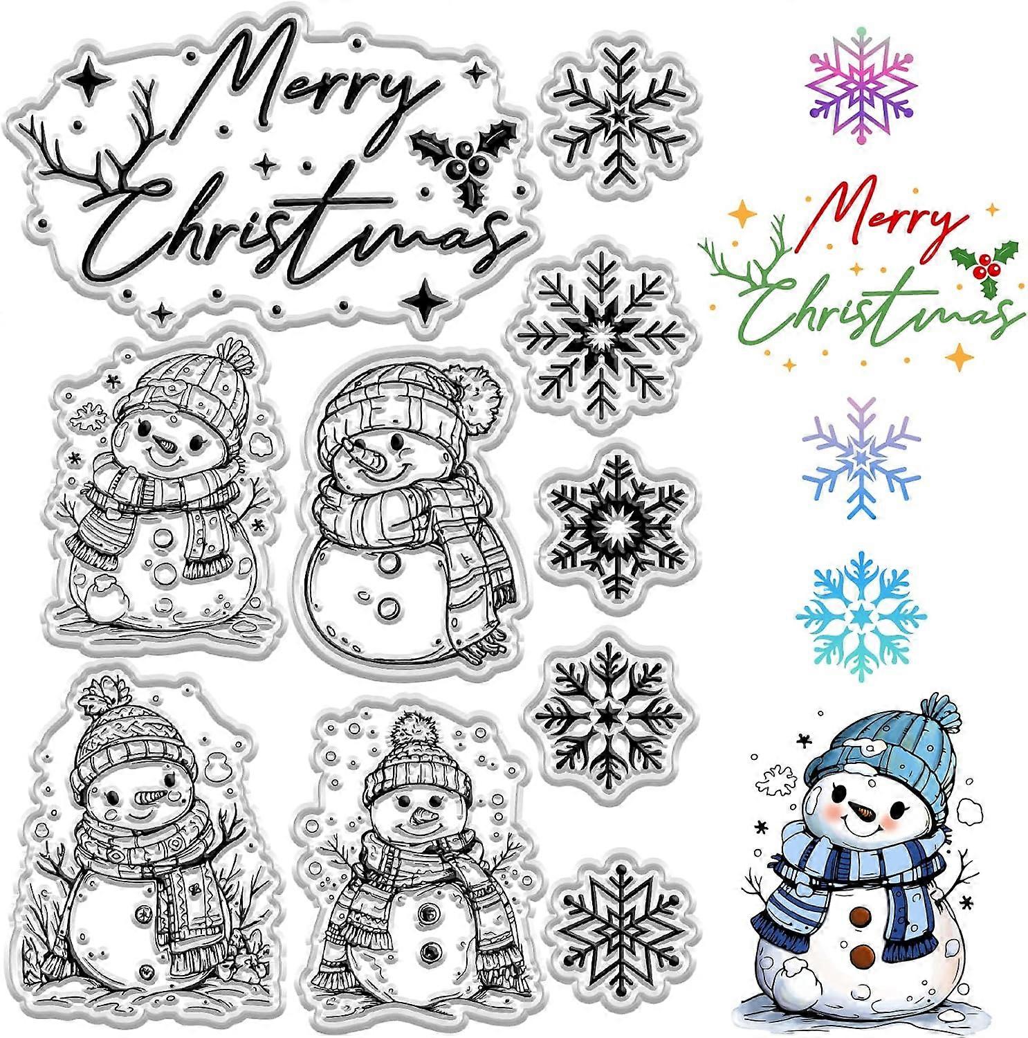 Merry Christmas Clear Rubber Stamps Greeting Words Snowman Snowflake Holly Xmas Gift Reusable Vintage Transparent Silicone Seal Stamp for Holiday DIY