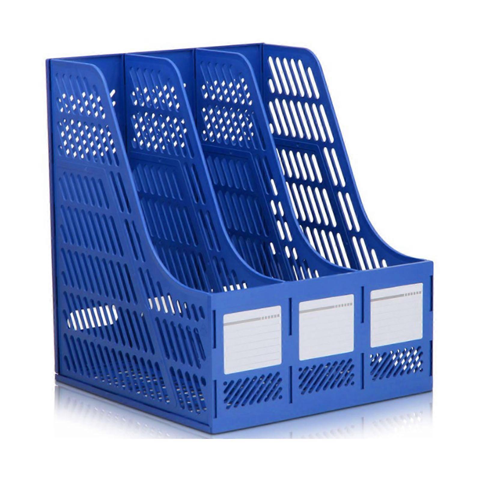 Desk Organizer File Holder Bookend 3 Compartments Plastic Blue for Tabletop Storage