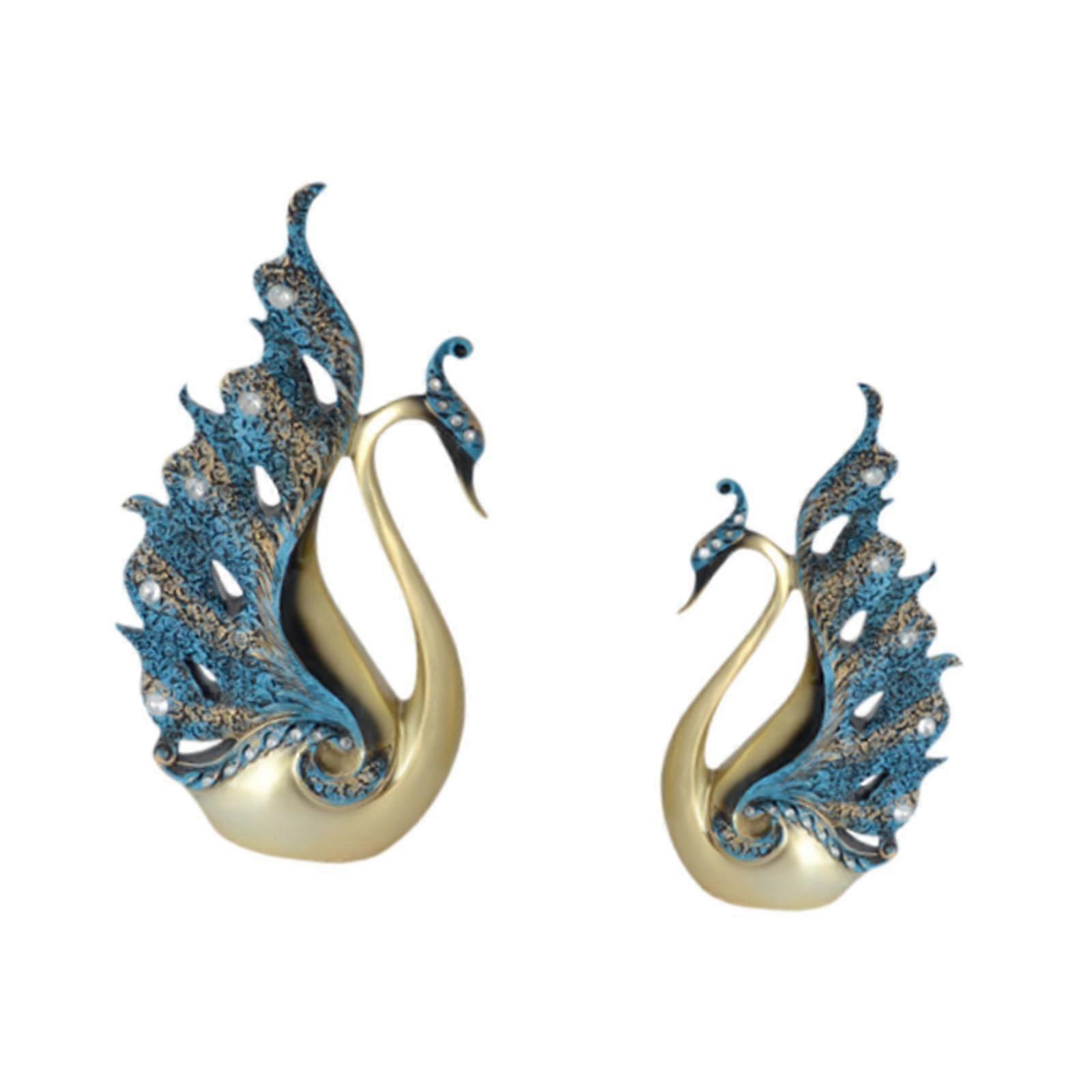 2x Couple Swan Statues Figurines Bird Figures Desk Resin Sculptures Blue