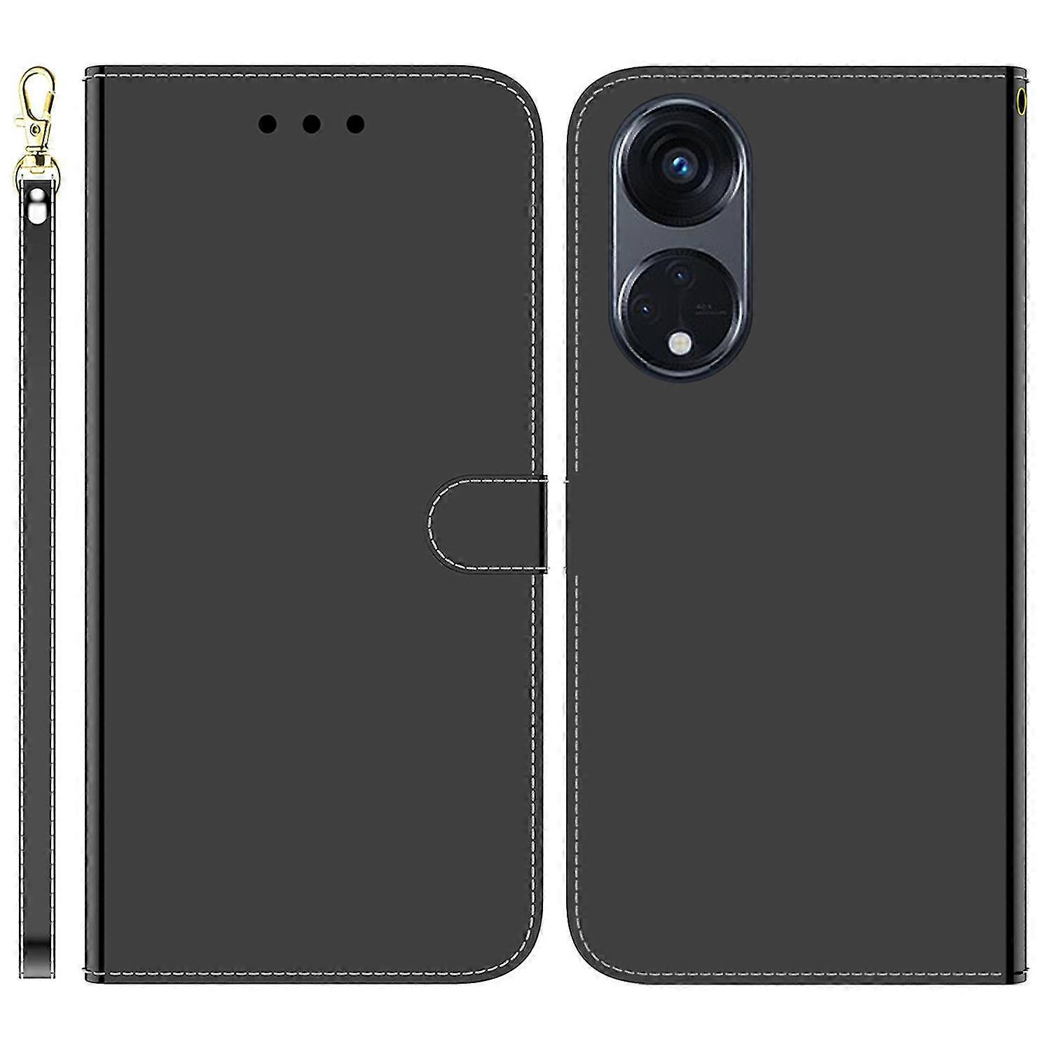 For Oppo Reno8 T 5g / A1 Pro 5g Wallet Phone Stand Case Mirror-like Surface Pu Leather Flip Cover With Strap