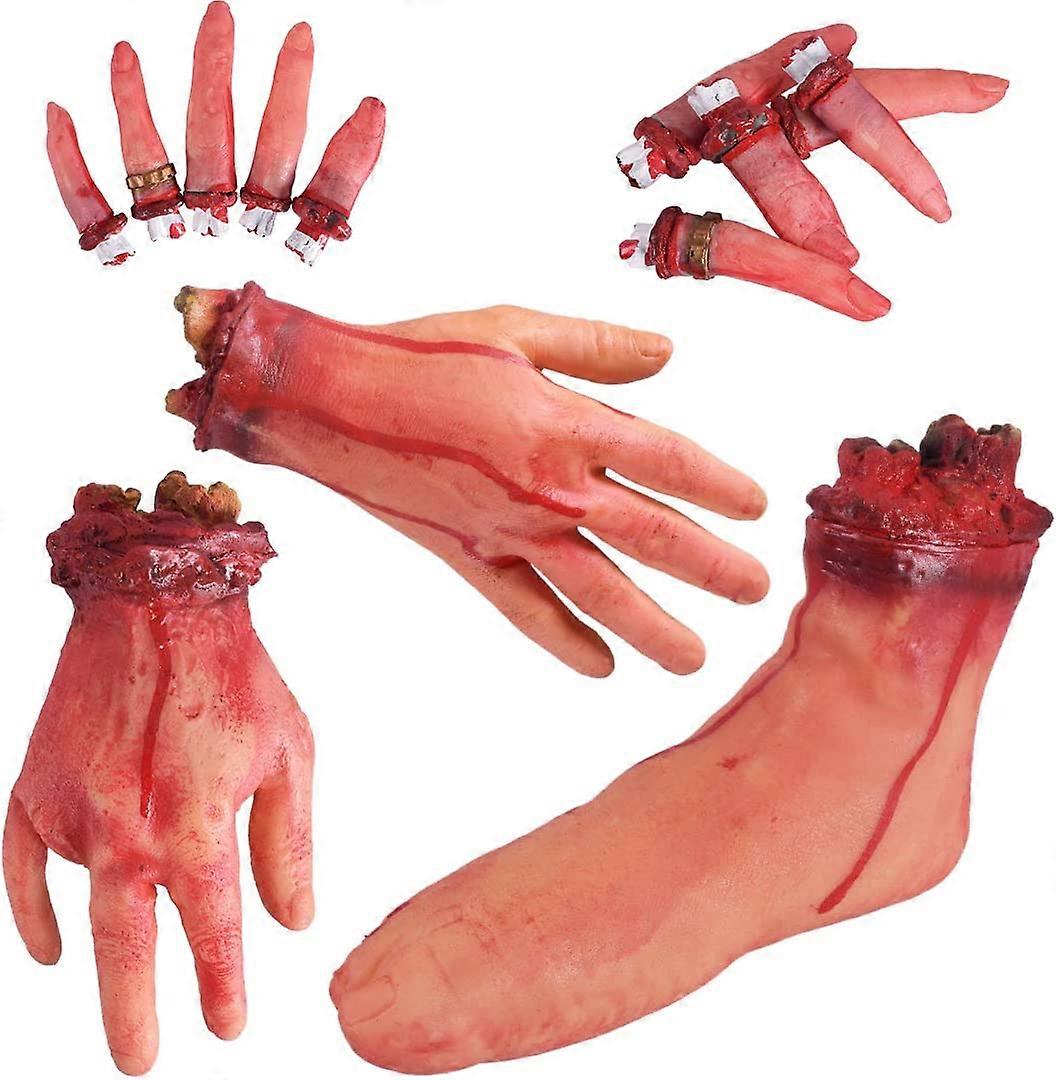 Halloween Blood Props Fake Scary Severed Hand Broken for Haunted House Halloween Vampire Zombie Party Decorations Supplies (Broken Hands + feet + Fing