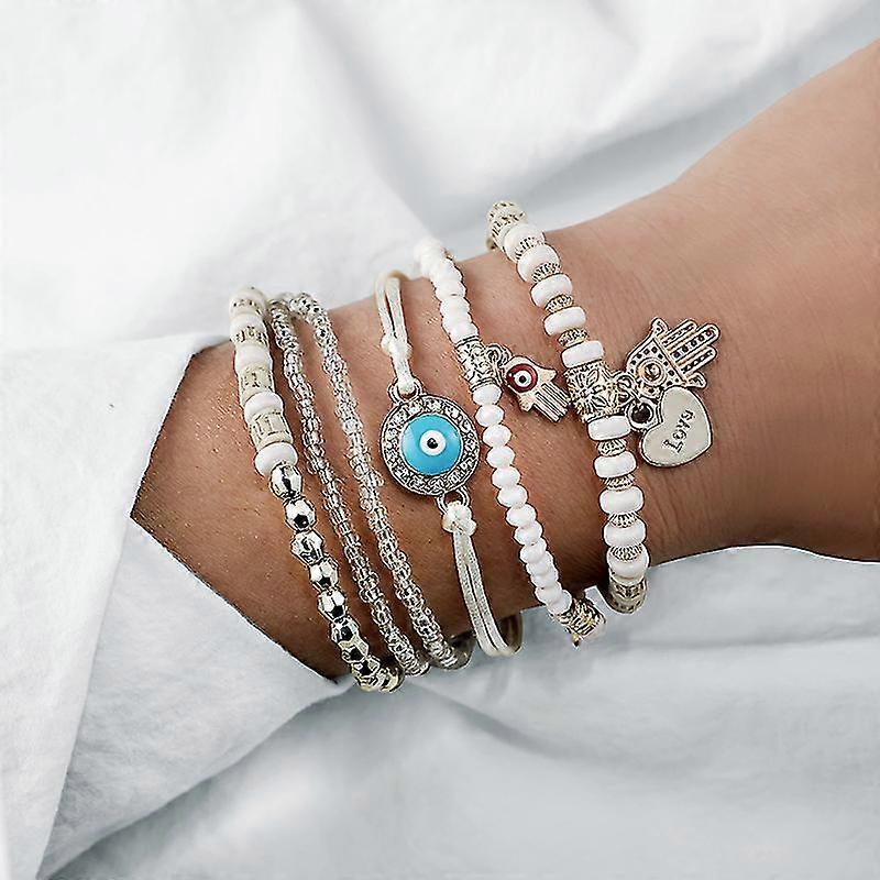 Bohemia Style Stacked Bracelet Set 6 Pcs Boho Ethnic Light Color Beach Alloy Stone Beads