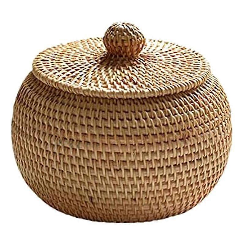 Round Rattan Box with Lid, Hand Woven Storage Box, Multifunctional Desktop Tray Storage Basket Decoration for Home