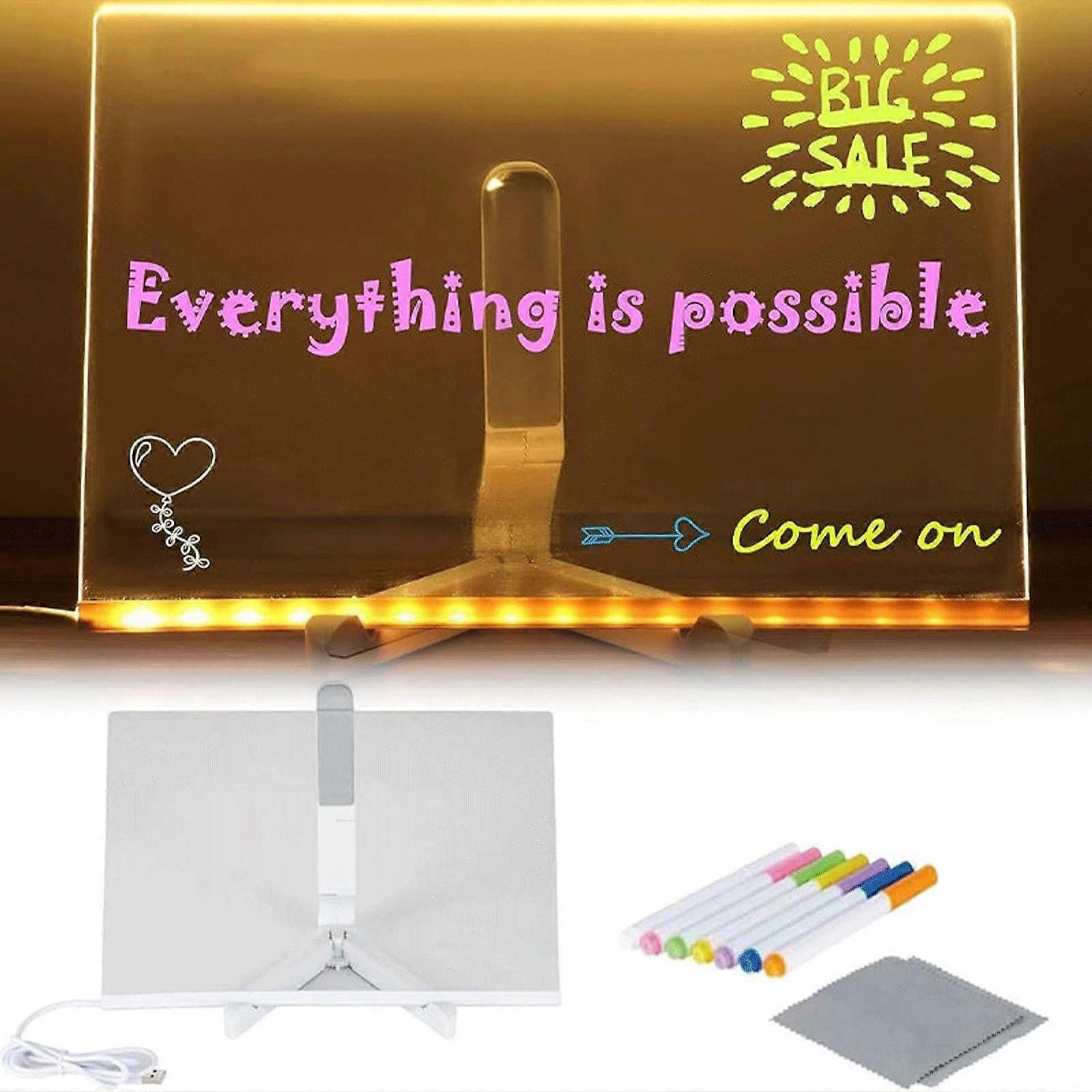 Quadro de notas LED com cores, placa de apagamento a seco acrílico com luz, placa de apagamento a seco de luz com suporte