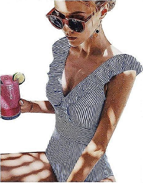 (XL)Sexy Bodysuit Stripe Swimsuit Women 1 Piece Ruffle Slimming Backless Monokini V-neck Padded Bikini Push Up High Waist Bathing Suit