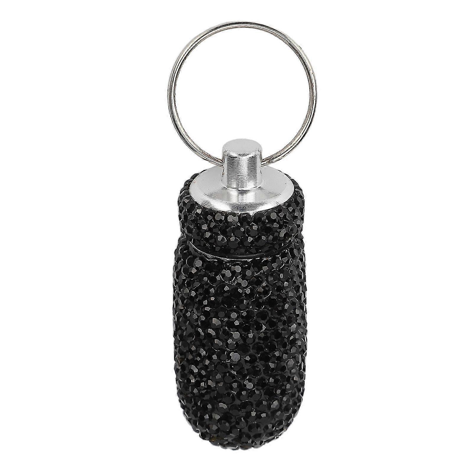 Black Rhinestone Aluminum Alloy Medicine Bottle Capsule Case with Keyring - Waterproof Storage Box for Travel and Office