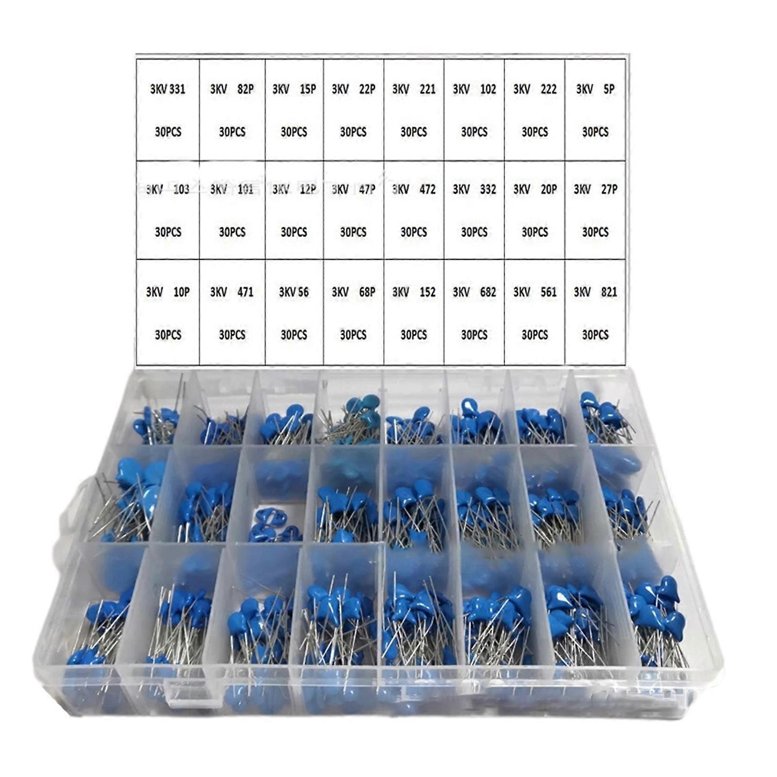720pcs 3KV Ceramic Capacitor Assortment Kit 5PF-821PF 24 Values High Voltage